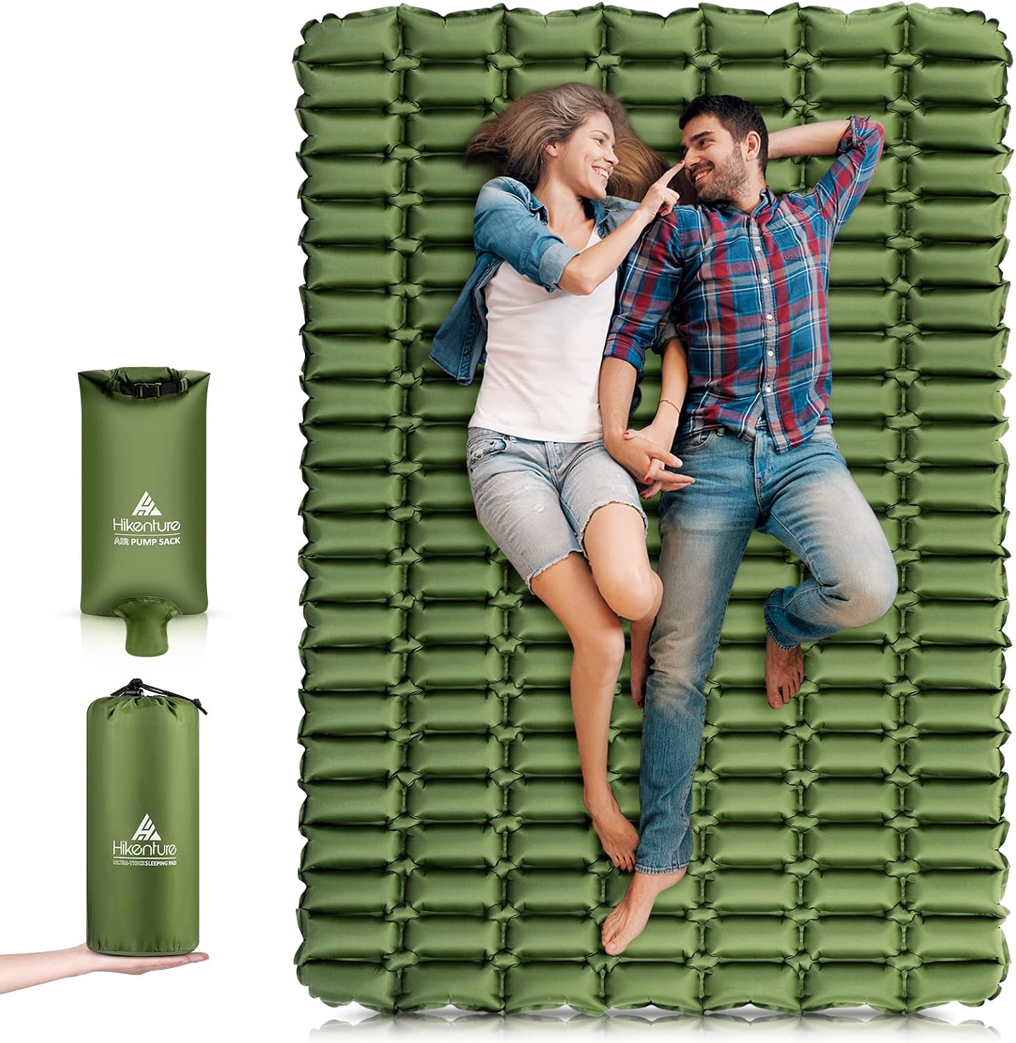 HIKENTURE Ultralight Double Sleeping Pad, Camping Mattress 2 Person, Backpacking Sleeping Mat with Pump Sack, Inflatable Camp Mattress Pad for Hiking(Green)