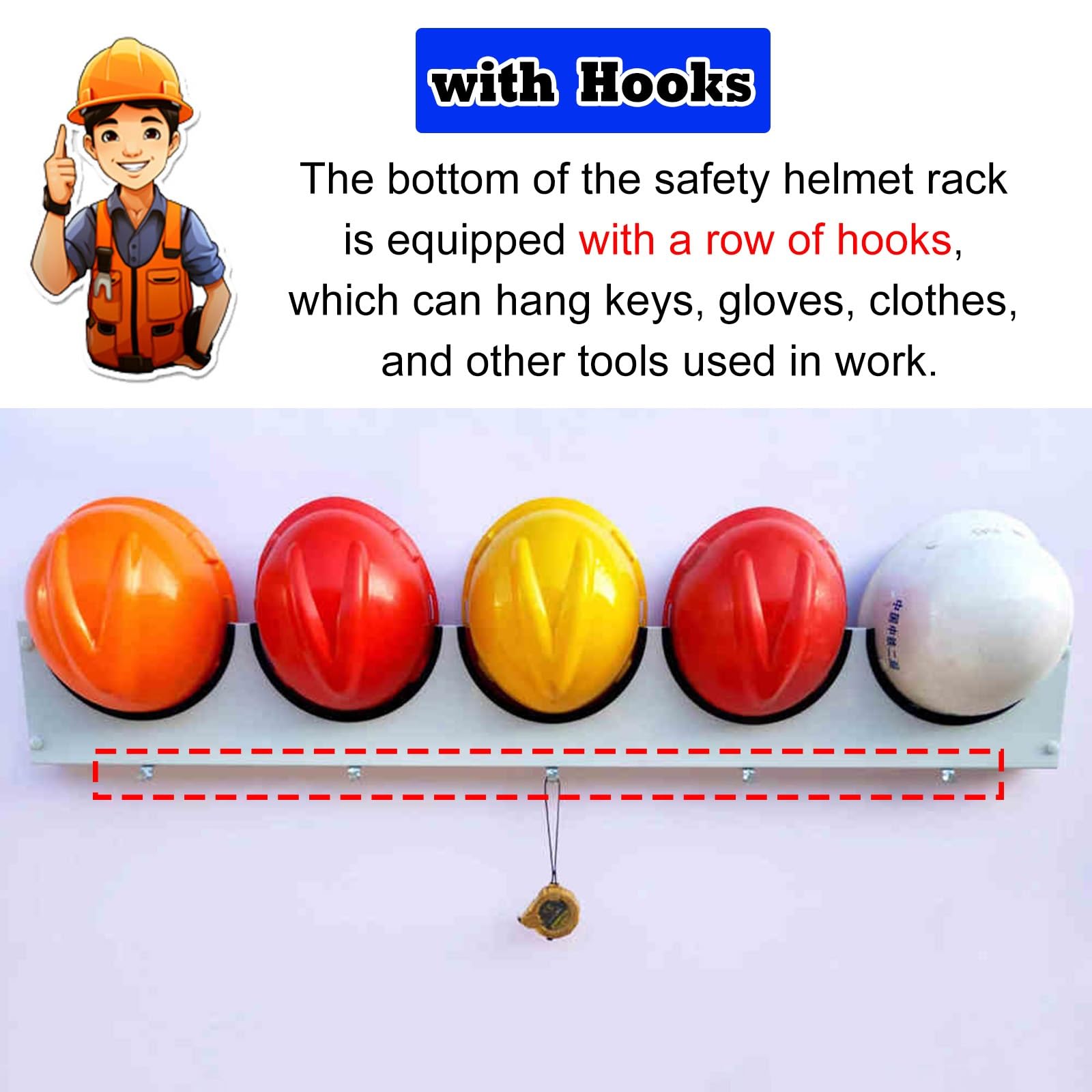 Muestras expositor montado en la pared para casco duro con ganchos, ganchos para sombreros duros para taller/estación de bomberos, casco de metal multifuncional para ahorrar espacio, 5 rejillas