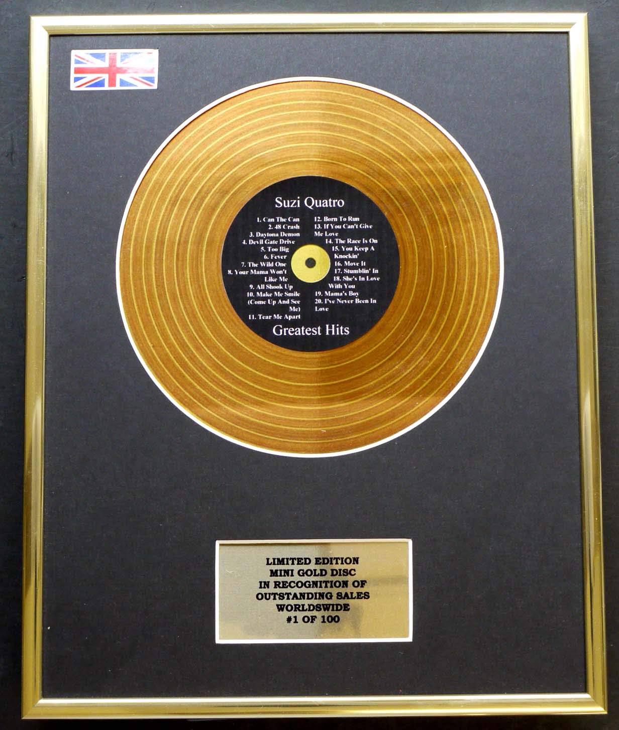 Limited Edition Mini Gold Disc Display Gold Suzi Quatro/Mini Disc Display/Limited Edition/Coa/Greatest Hits