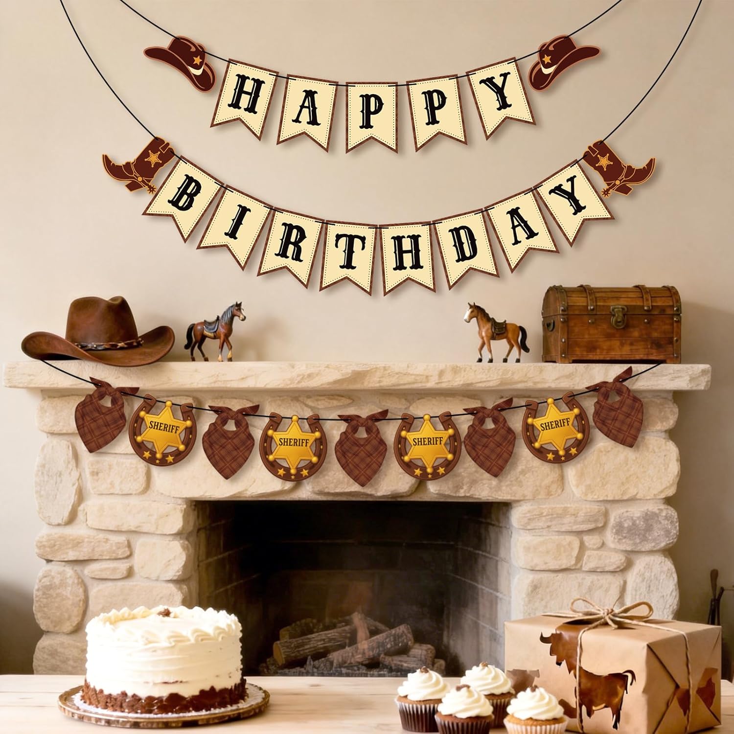 GCQQ Western Cowboy Happy Birthday Banner - Rustic Wild West Birthday Decorations 9.8FT Pre-Strung Cowboy First Rodeo Theme Party Supplies 7×5Inch Sheriff Badge & Horse Paper Bunting Garlands for Boy & Girls - Image 6