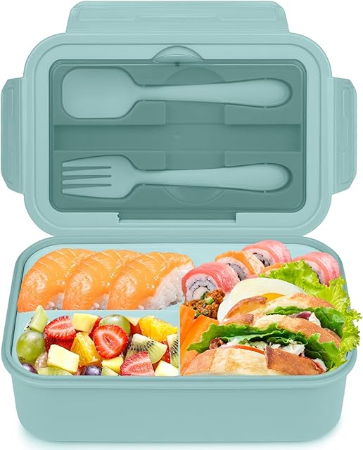 Cooja Bento Lunch Box Adults Kids with 3 Compartments, 1400ML Lunchbox Lunch Containers for Work Leak-Proof Sandwich Box Microwave Safe Built in Cutlery Set Spoon & Fork, Sky Blue