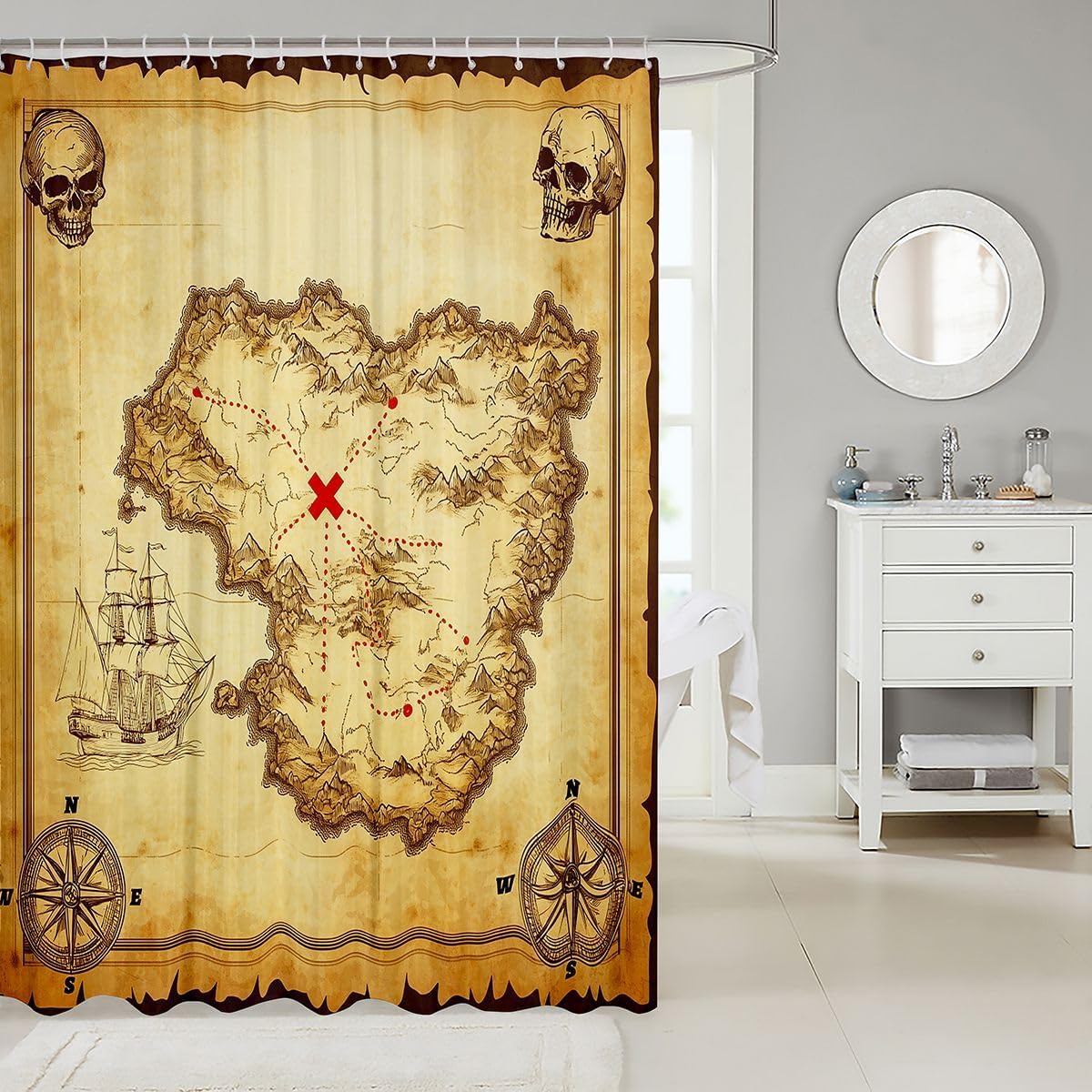 Feelyou Nautical Island Map Shower Curtain Kids Vintage Old Map Pirate Ship Bath Curtain Ocean Ancient Pirate Skull for Stalls Bathtubs Cloth Fabric Bathroom Decor 72" Wx84 L