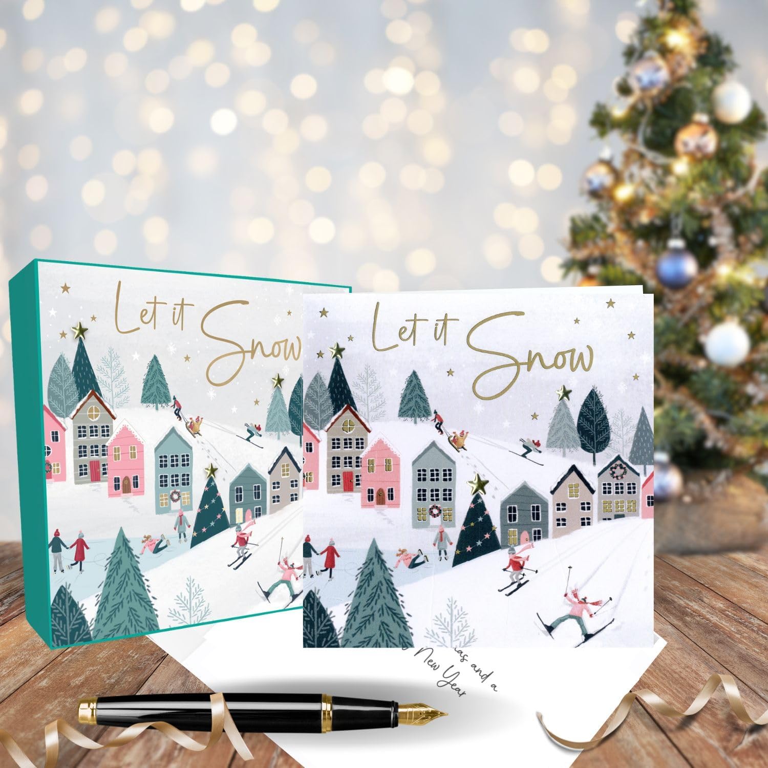 Box of 6 Sparkle Winter Village Ski Embellished Christmas Cards Xmas Card Boxes XLSB102
