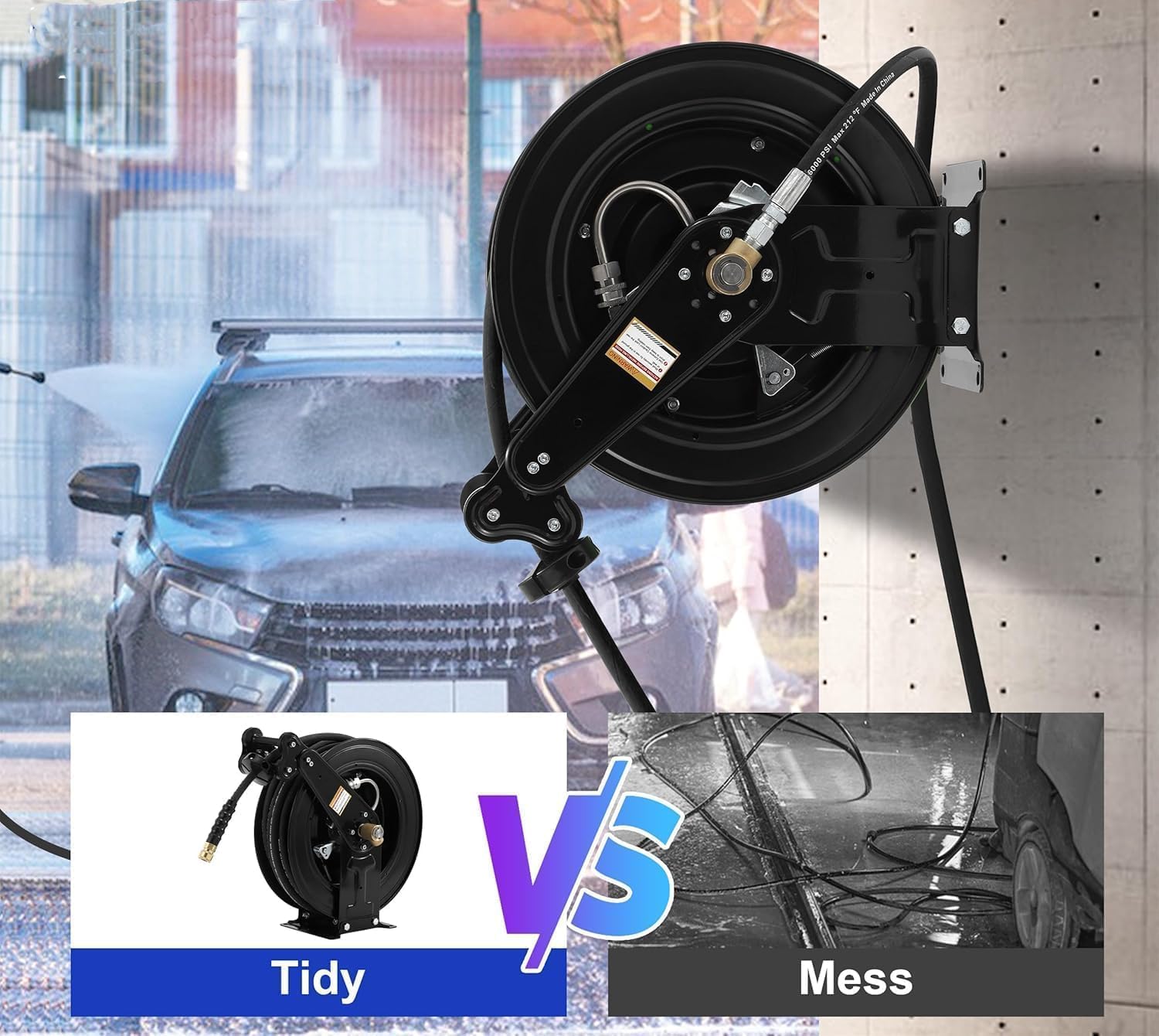 Double Arm 50FT x 3/8"Retractable Pressure Washer Hose Reel, Heavy Duty Steel Professional Power Wash Hose Reel with 5 ft Lead ?4000 PSI ?for Oil/Air/Water