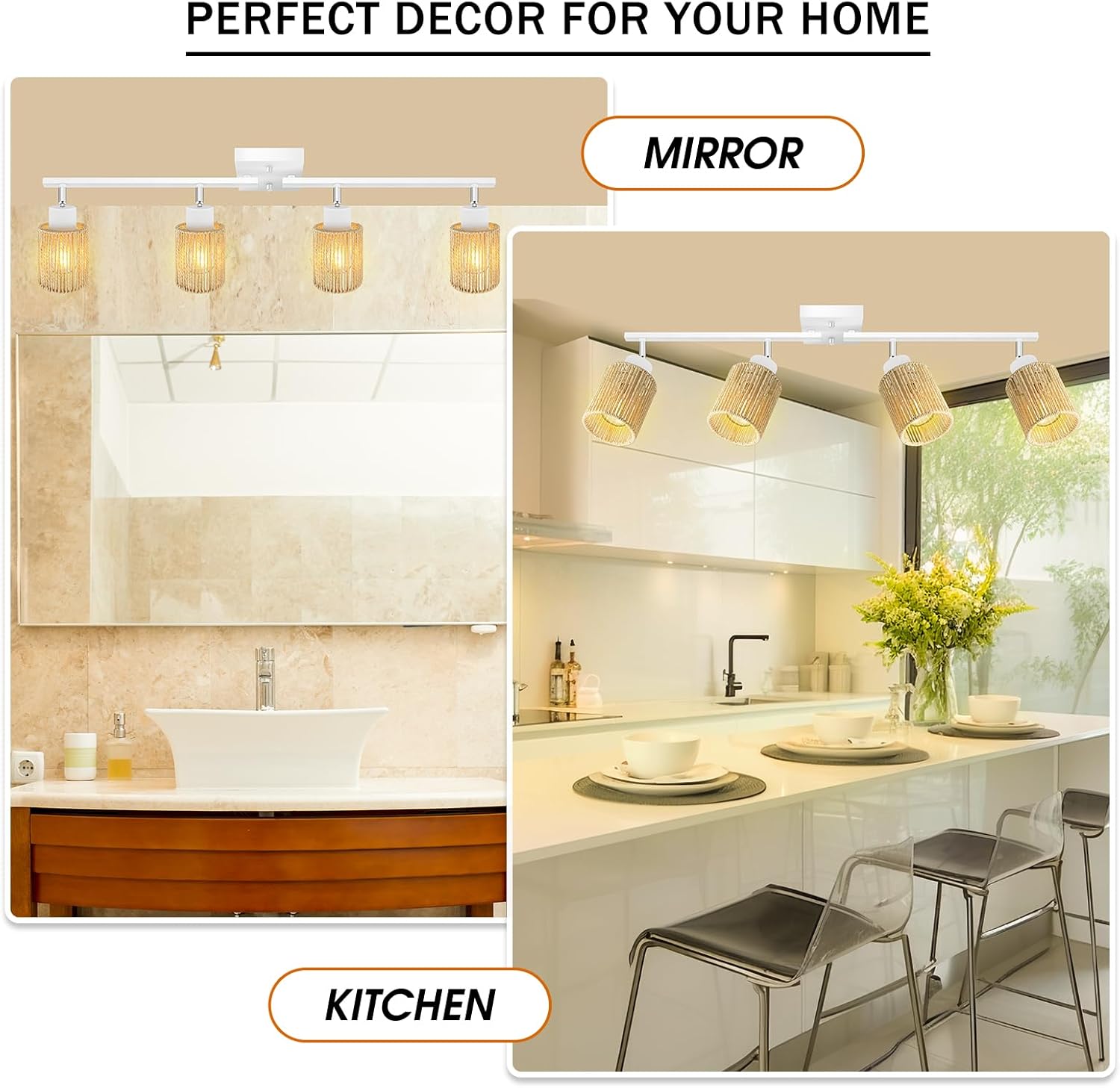 BoostArea 4 Light Track Lighting Kit, 4 Way White Ceiling Spot Lighting with Handwoven Hemp Rope Lampshade, Flexibly Rotatable Light Head for Kitchen, Living Room, Bedroom, Bulb Not Included