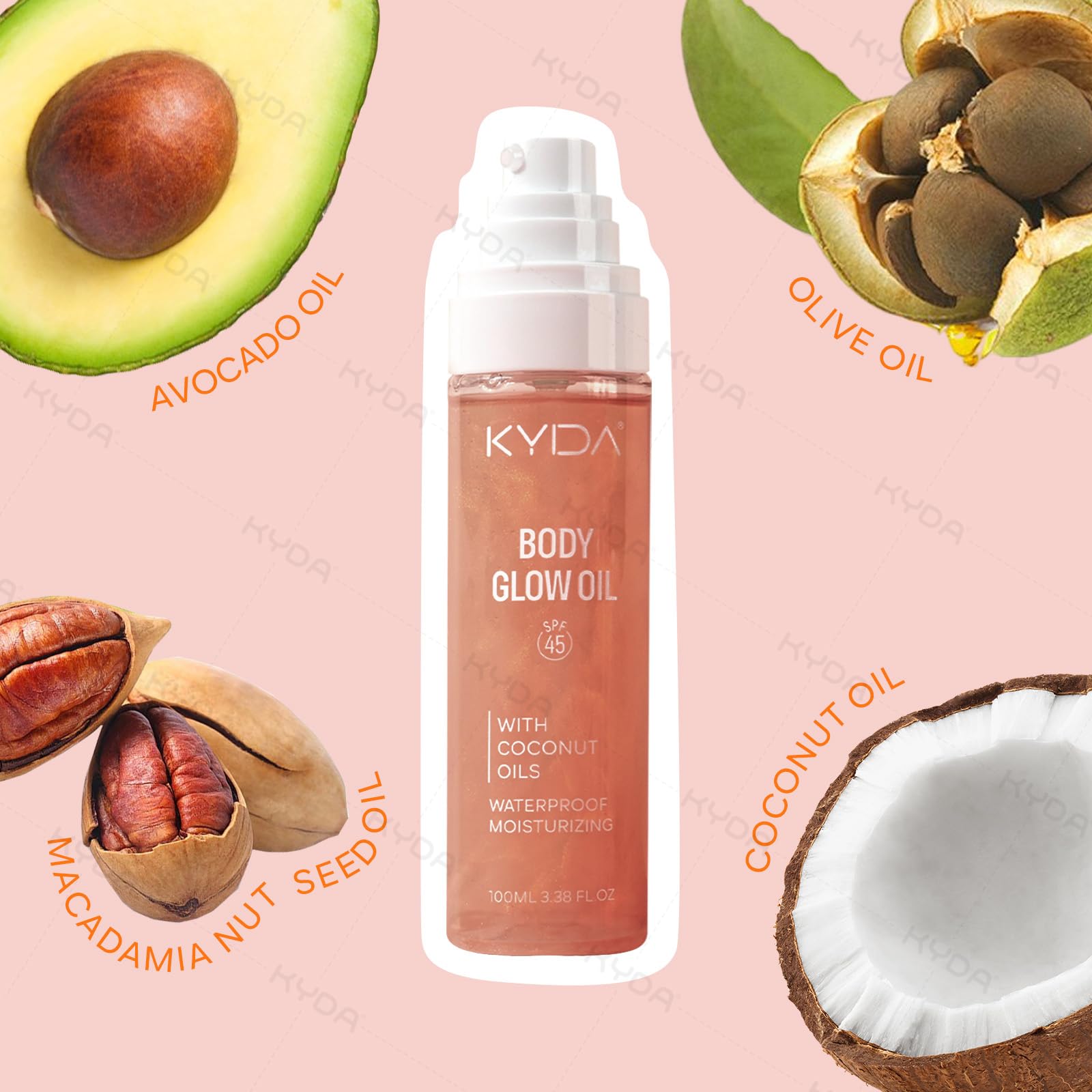 Aceite corporal brillante, SPF 45 de amplio espectro, aceite corporal protector solar con mica oro rosa, cocos hidratantes, protector solar de verano, hidratante resistente al agua, 3.38 onzas 6