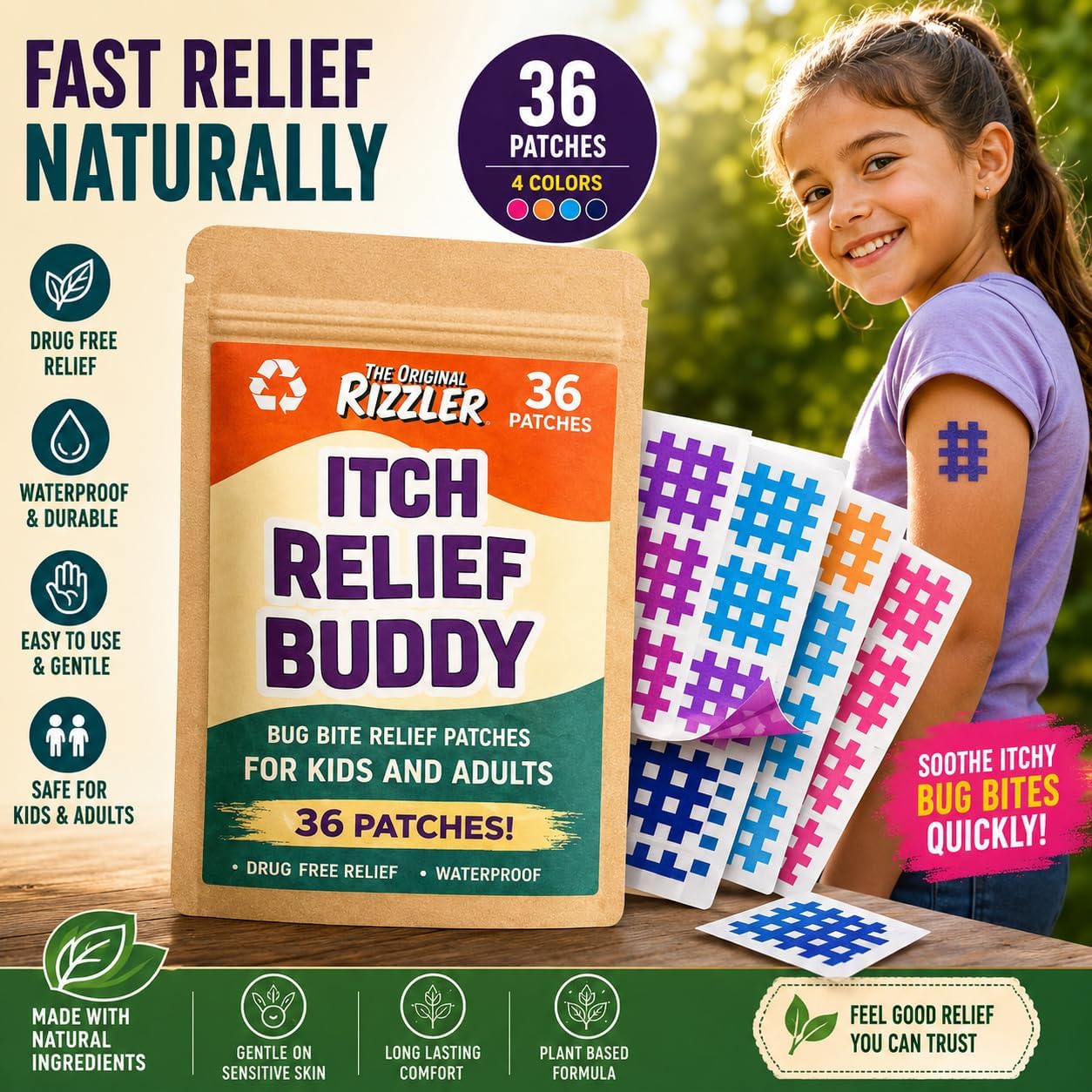 Itch Relief Buddy – Eco-Friendly Bug Bite Patches | 36 Chemical-Free, Waterproof Stickers for Fast Mosquito Bite & Insect Sting Relief – Fun Colors, Kid & Adult Safe