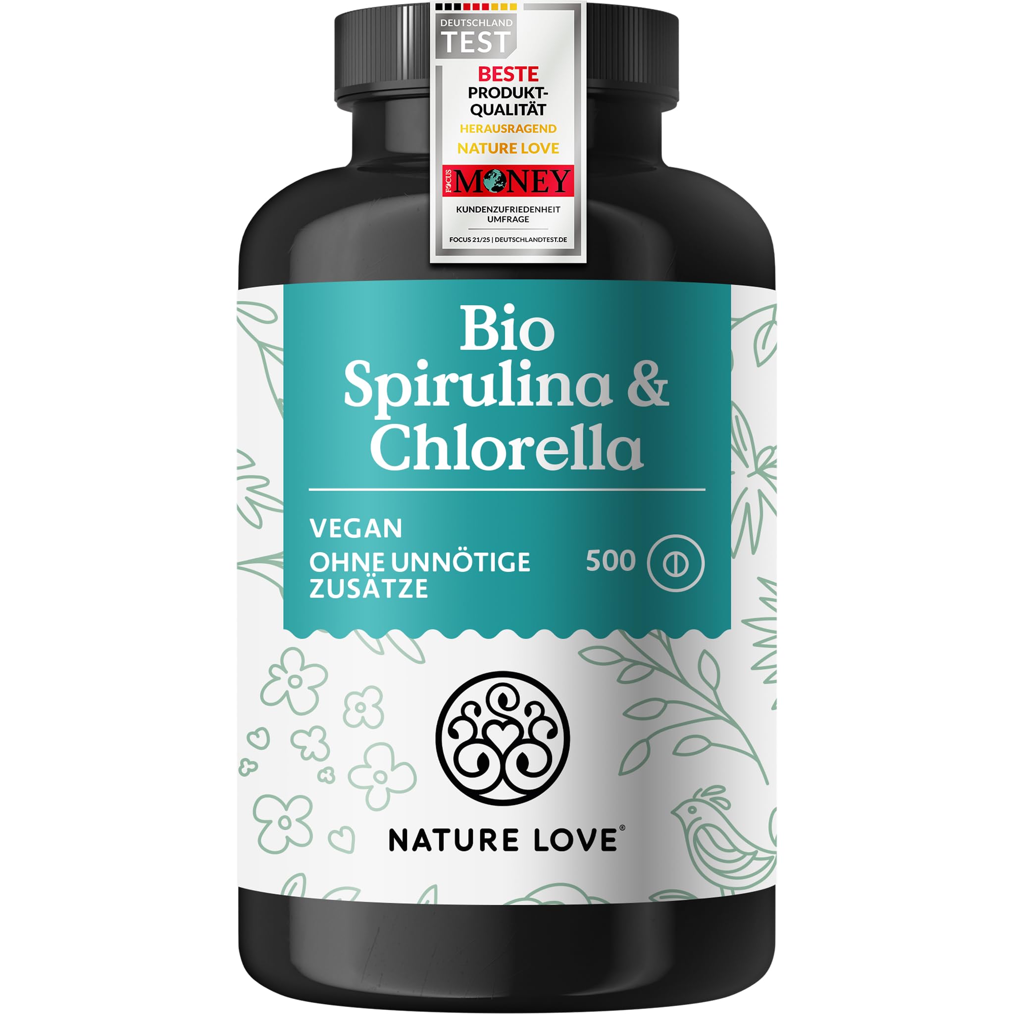 NATURE LOVE® Bio Spirulina + Bio Chlorella - je 3000mg Spirulina & Chlorella pro Tagesdosis - 500 Tabletten - Ohne Zusätze und Bio zertifiziert - Hochdosiert, laborgeprüft und vegan