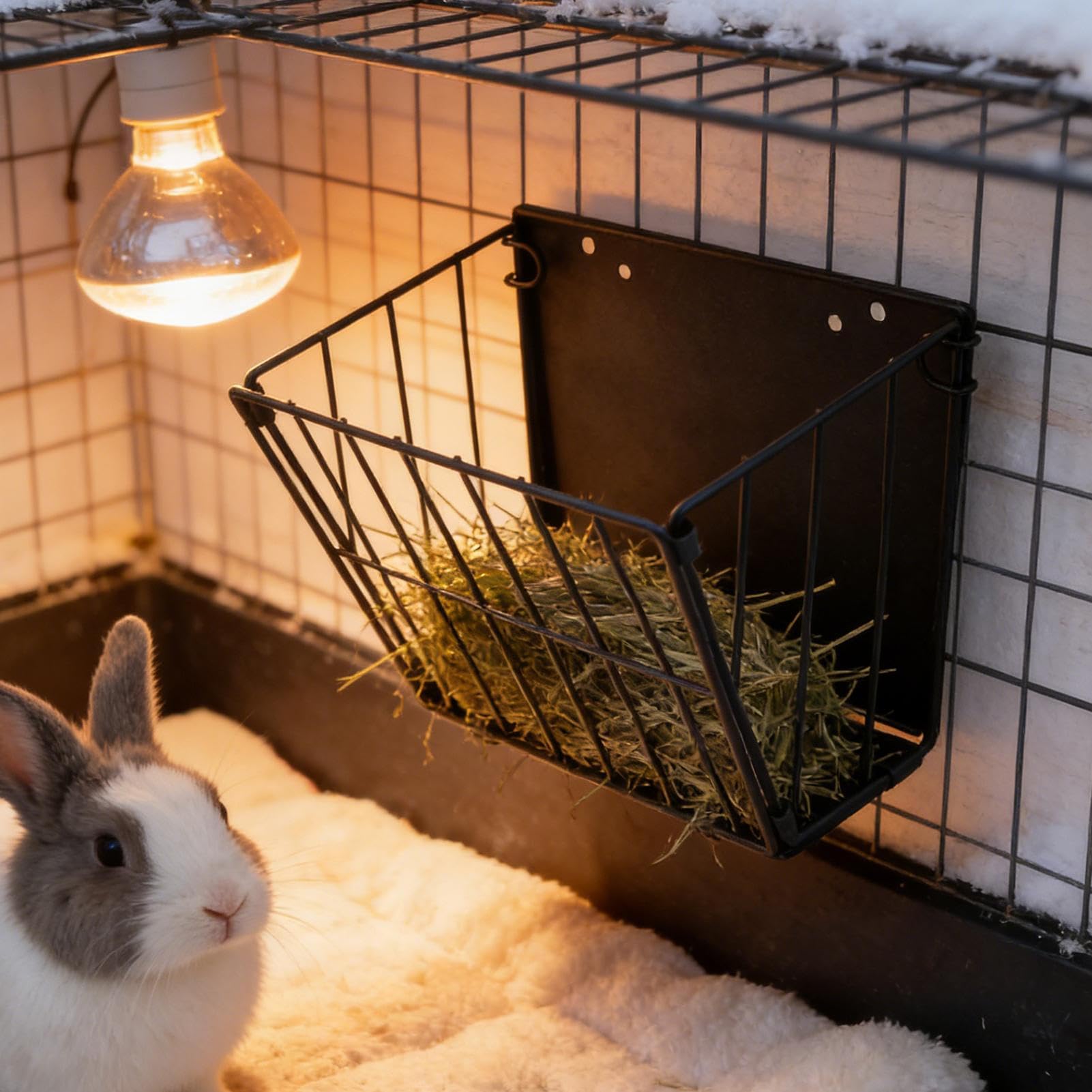 Râtelier à Foin pour Lapin Pliable avec Crochet - Distributeur de Foin en Cadre Métallique