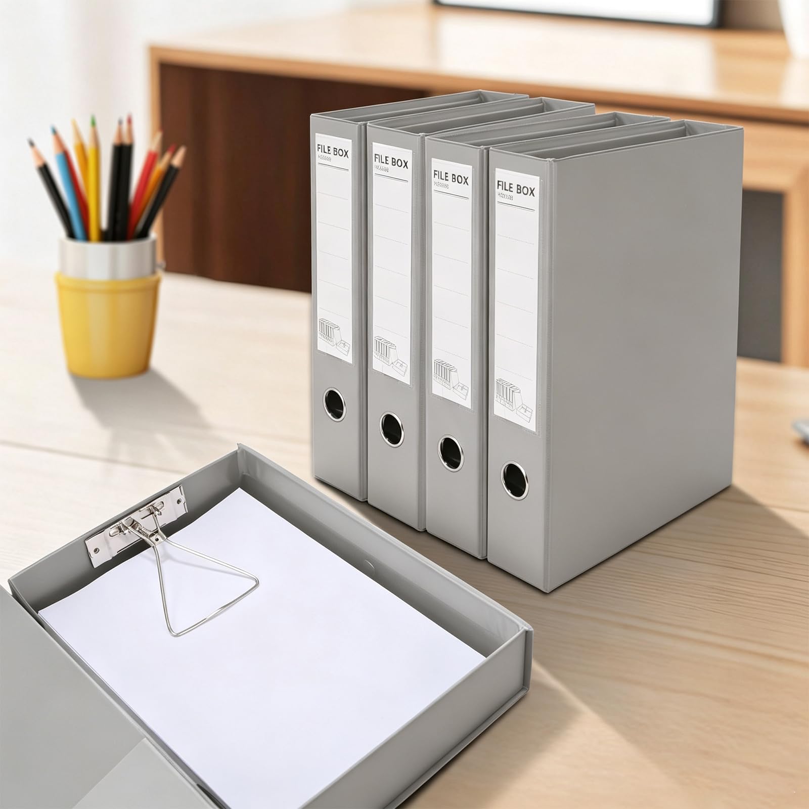 HUA JIE A4 Aufbewahrungsboxen aus Kunststoff, Archivhüllen mit Clip, PVC-Aktenordner, Organizer, Dokumentenaufbewahrung, Aktenbox für Büro, 32,5 x 6,5 x 24 cm, Grau (6 Stück)
