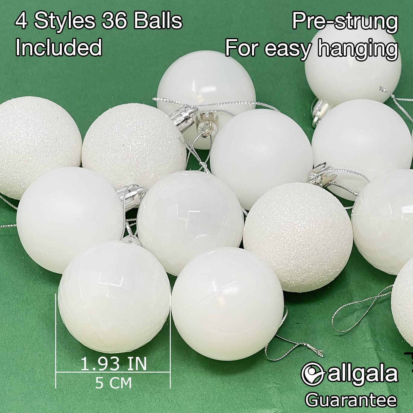 Allgala Christmas Balls 36 PK 2 Inch (5CM) Pre-Strung Shatter Proof Christmas Ornament Balls for Xmas Tree-4 Style-White