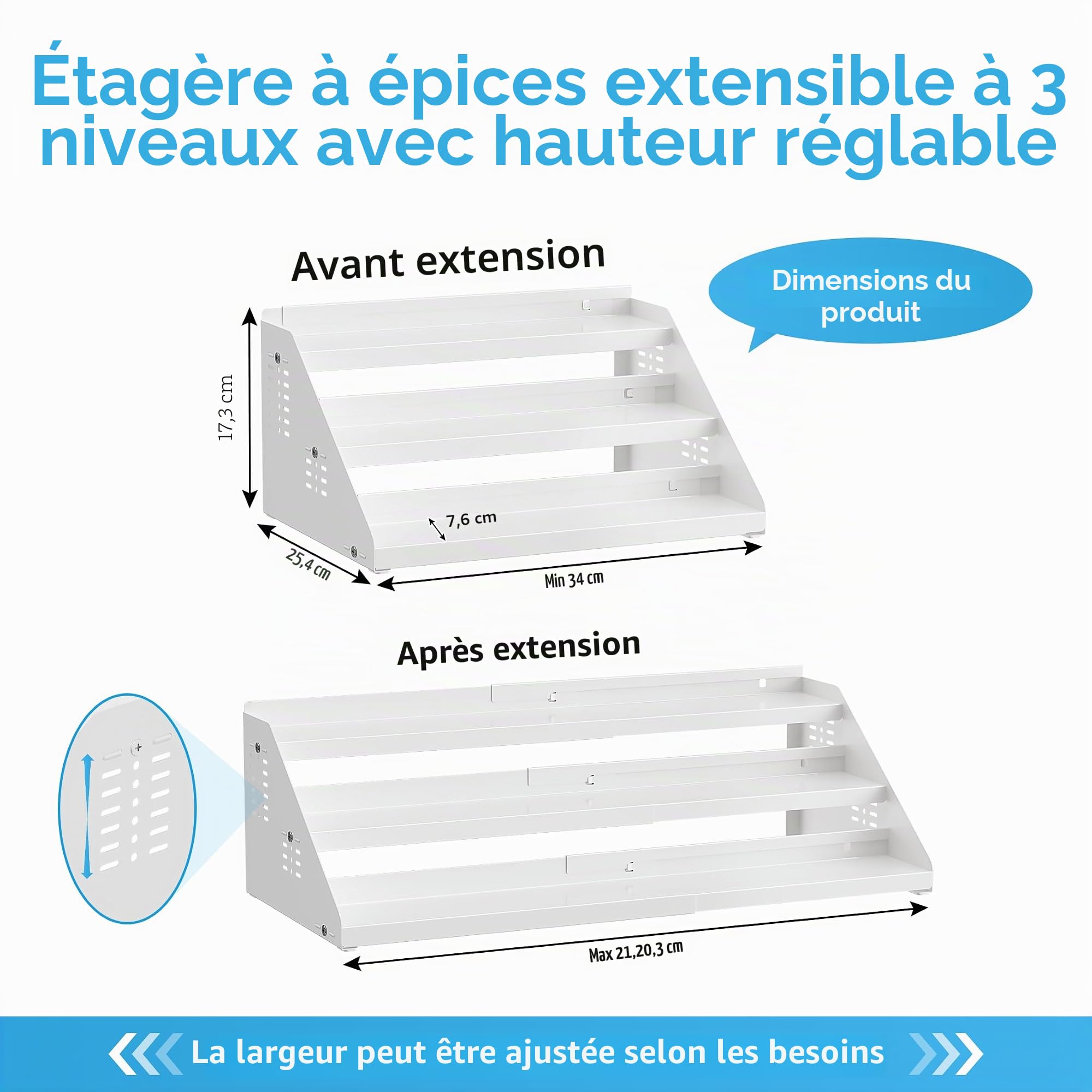 Étagère à épices extensible à 3 niveaux pour armoire, largeur extensible et réglable, organisateur d'assaisonnement pour armoire, comptoir, garde-manger, Blanc