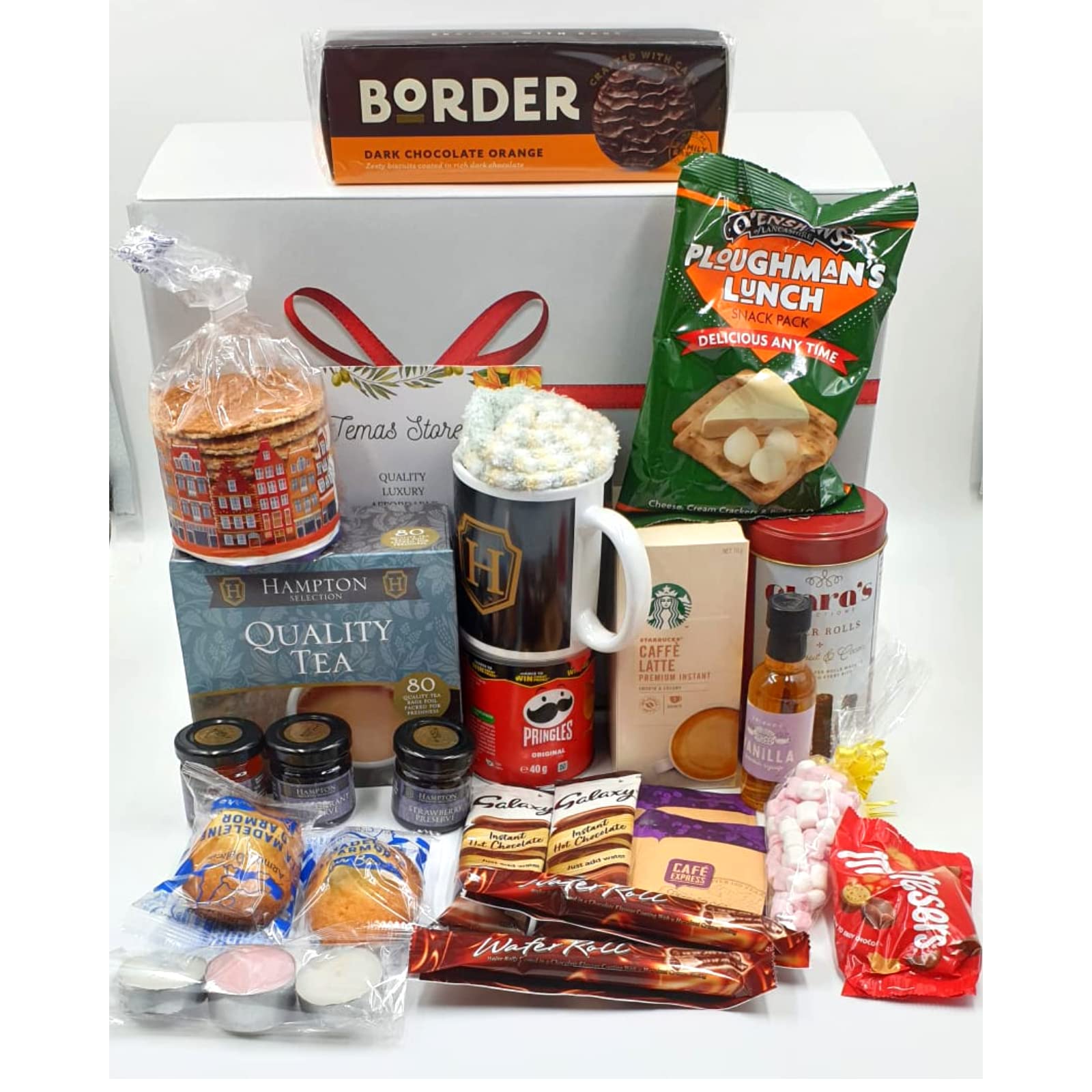 Temas 26 in a box Tea Time Hamper For Men And Women|With Coffee Mug & Cosy Socks |Hampton Tea|Instant Coffee |Border Biscuits|Ploughman’s Lunch Snack Pack|Pringles |Luxury Gift For Her| Thank You (26)