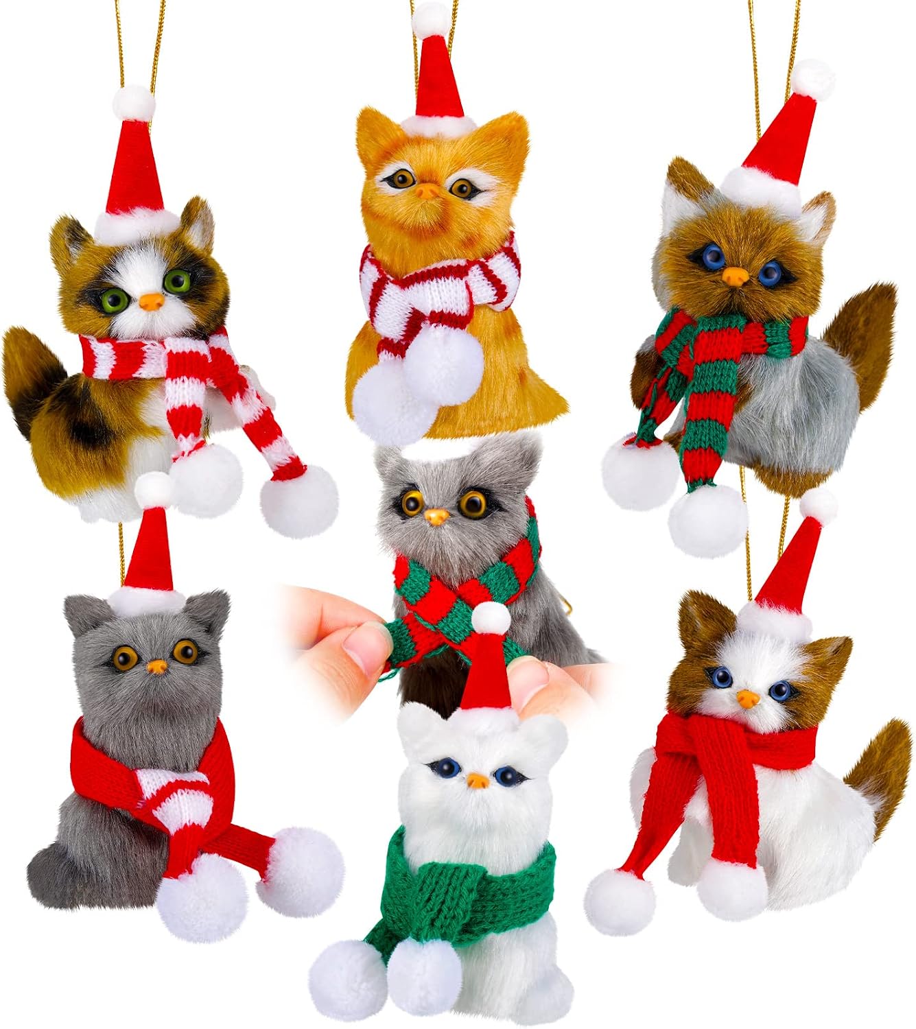 6 Sets Christmas Tree Ornaments Mini Fur Ornament with Scarfs and Santa Hats Xmas Tree Artificial Fur Hanging Decorations Furry Pet Ornaments for Christmas Tree and Holiday Decor (Stylish Cat)