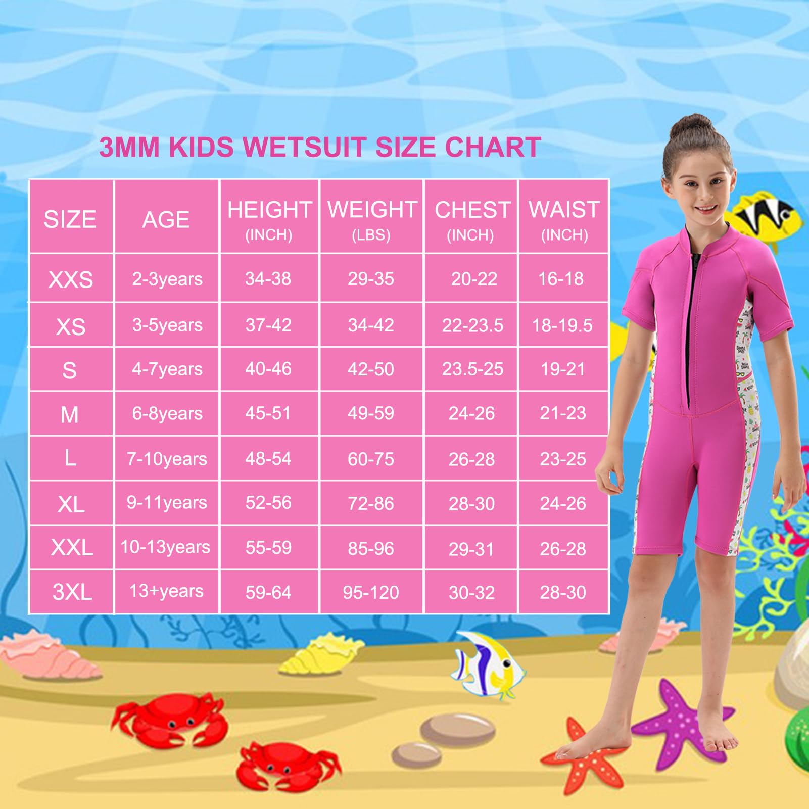 DEHAI Traje de neopreno para niños y niñas, 3 mm, traje de neopreno completo, cremallera frontal, traje térmico corto para agua fría, para natación, buceo, surf