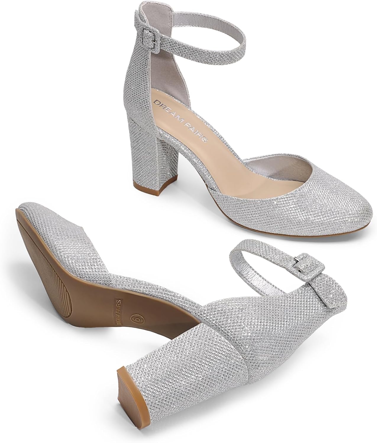 Silver Glitter Faux Leather High Heel Ankle Strap Pumps