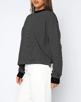 Cioatin Women Oversized Long Sleeve Striped Colorblock Tee Tops Crew Neck Loose Tshirt Pullover Y2K Aesthetic Fall Outfits