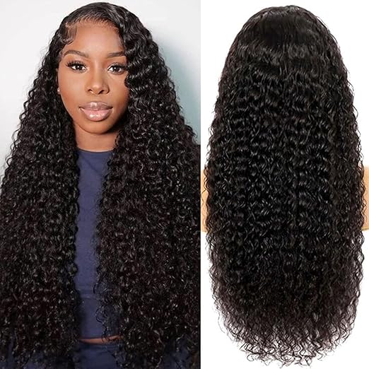 Deep Wave Lace Front Wigs Human Hair Deep Curly 13x6 HD Lace Frontal Wigs for Women 200% Desnity Glueless Wig Pre Plucked Super Soft Natural Black Color 24 Inch
