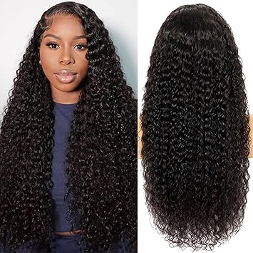 Deep Wave Lace Front Wigs Human Hair Deep Curly 13x6 HD Lace Frontal Wigs for Women 200% Desnity Glueless Wig Pre Plucked Super Soft Natural Black Color 24 Inch