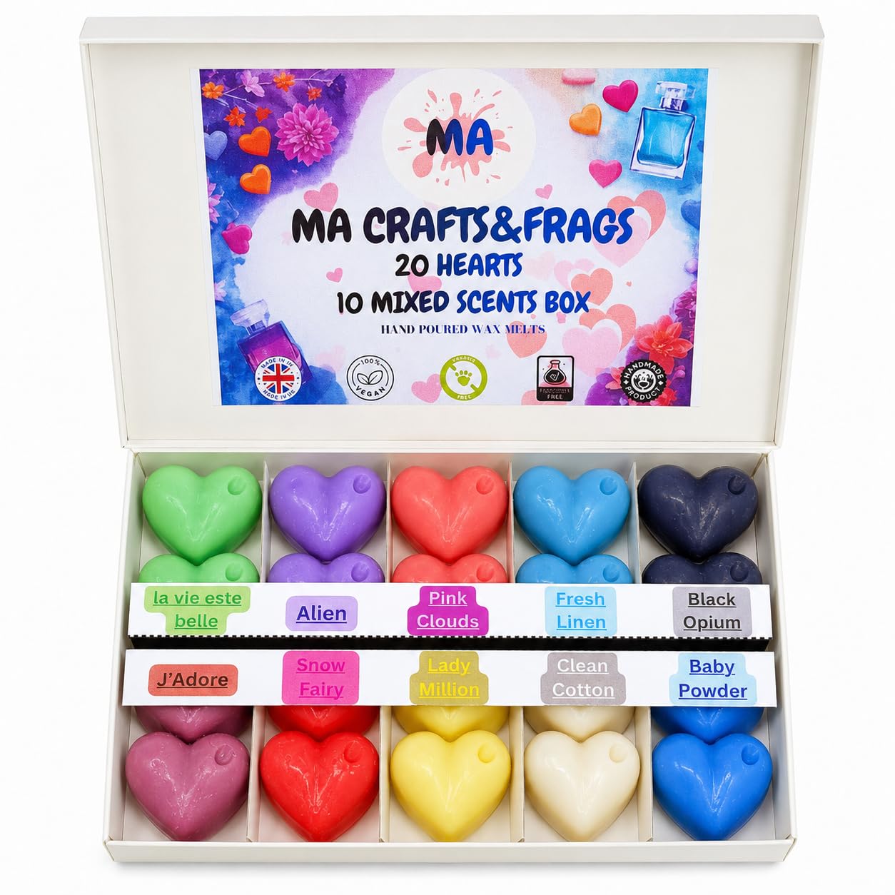 Strong Scented Wax Melt Gift Box – 20 Heart-Shaped Soy Wax Melts, 10 Mixed Scents – Handmade in UK, Vegan Friendly – Long-Lasting Home Fragrance