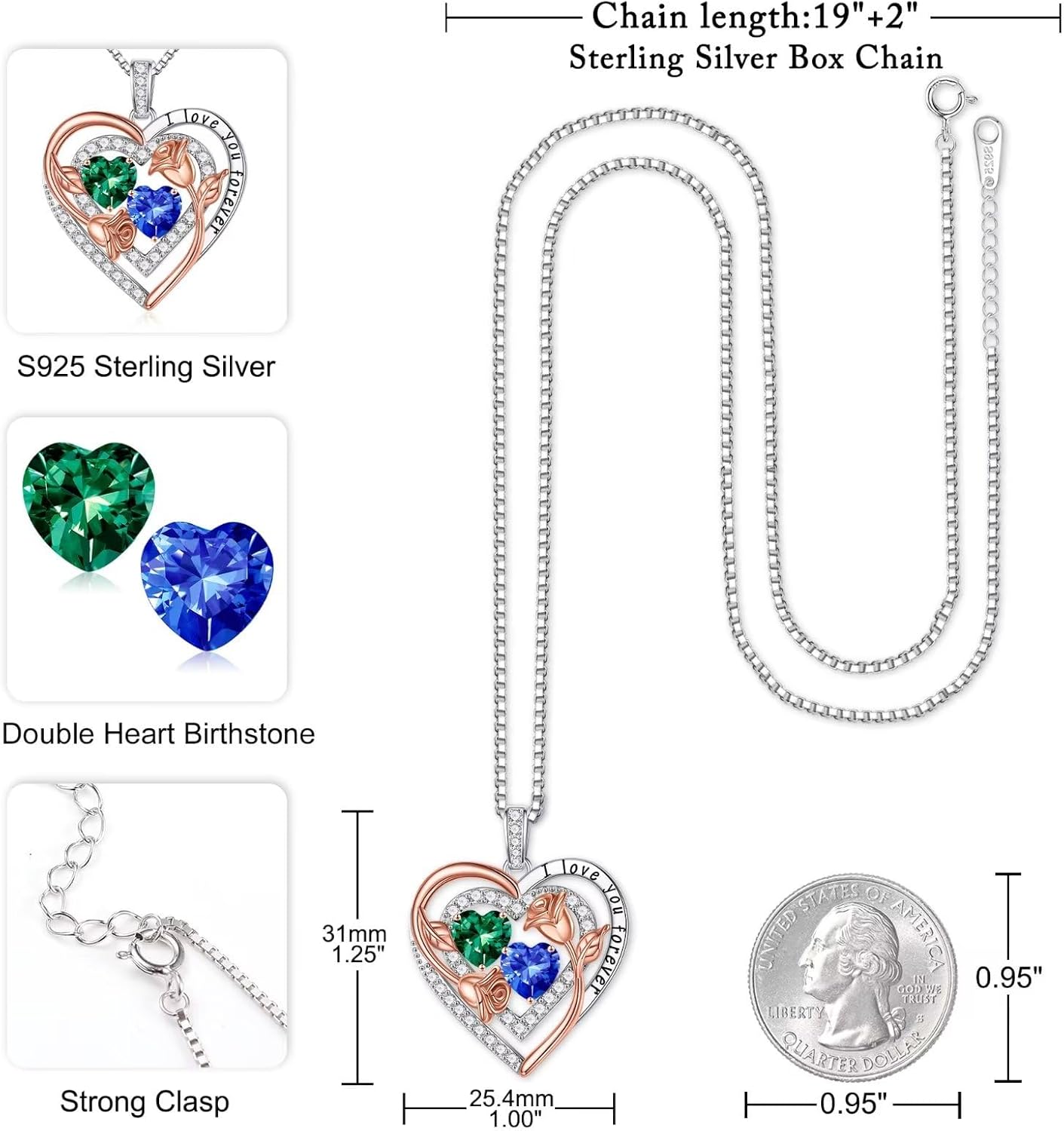 Iefil Rose Heart Necklace for Women - Sterling Silver Birthstone Necklace Anniversary Birthday Gifts for Her Wife Mom Daughter - Image 4