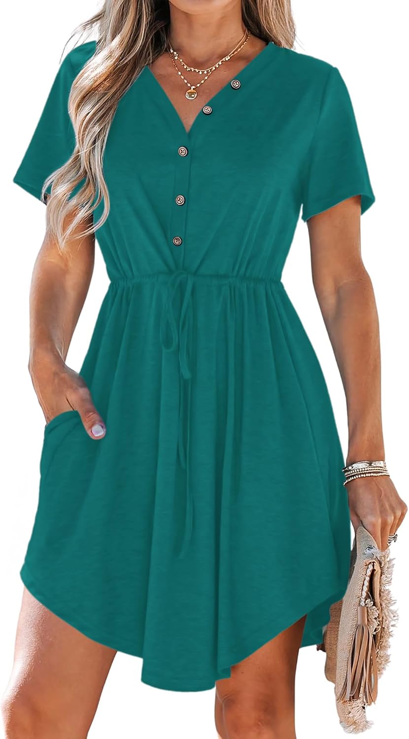 MISFAY Women Summer Dress Casual V Neck Short Sleeve Drawstring Mini Dresses with Pockets