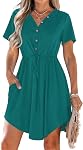 MISFAY Robe d'été pour femmes Manche courte en col V Mini Robe avec Pocket.Conception de bouton fonctionnelle,Tranche réglable,Poches pratiques, Robe de T-shirt