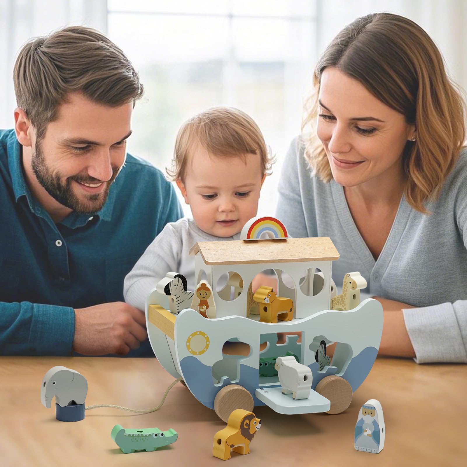 Joyreal Arche Noah Holz - Taufgeschenke für Mädchen Jungen Kinder, Montessori Spielzeug Lernspielzeug mit Bauernhof Spielzeug Sortier Stapel, Geschenk Taufe