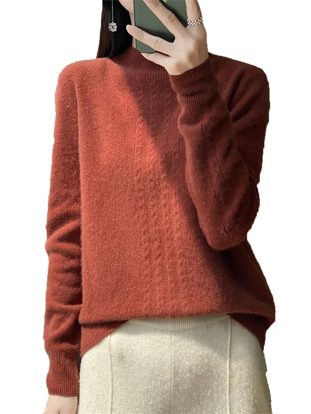 Maglione da donna a collo alto, in lana merino, a maniche lunghe, in cashmere