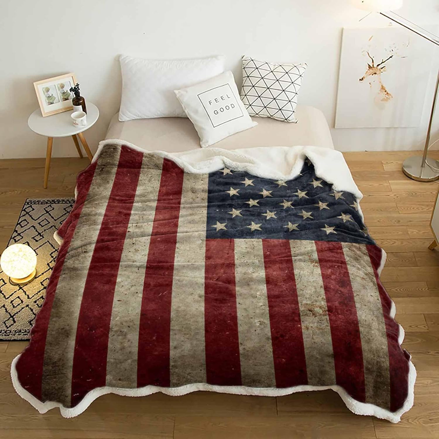 Roses Garden US Flag Sherpa Fleece Blanket, Super Thick & Warm, 60"x80", Vintage American Flag Theme, Polyester/Sherpa Fleece Blend, Throw Blanket, Unisex, American Flag Color