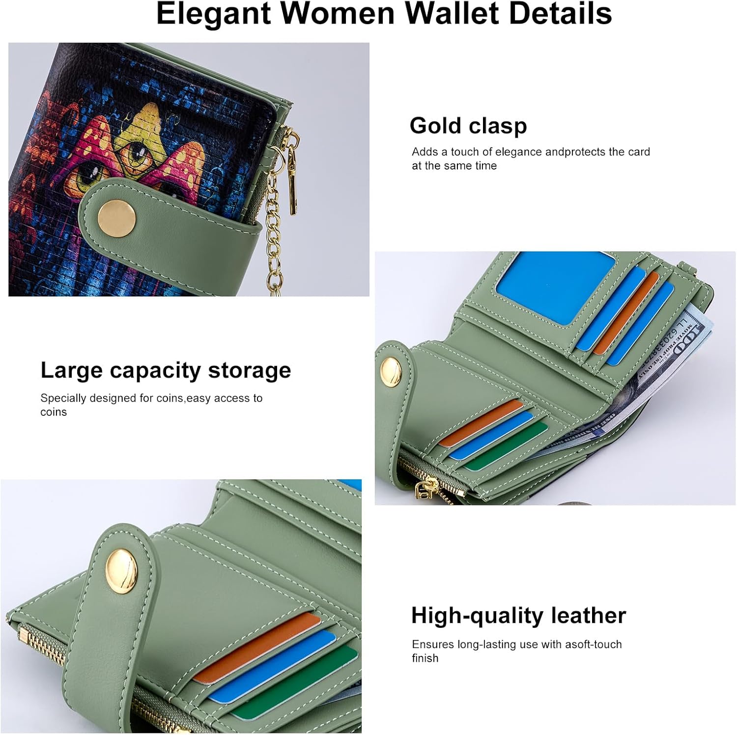 Cute Women Wallet, Small Slim Thin Rfid Credit Card Wallet, PU Leather Bifold Cash Zipper Coin Pocket ID Window for Female Ladies Teen Girls Girly - Image 6
