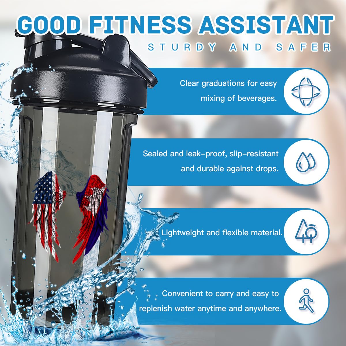 Wings America and Cambodian Flag 18 Ounce Shaker Cup,Fashion Theme Pattern Shaker Bottle Leak-proof Workout Shake Bottles 500ML/18 oz Perfect for Pre Workout