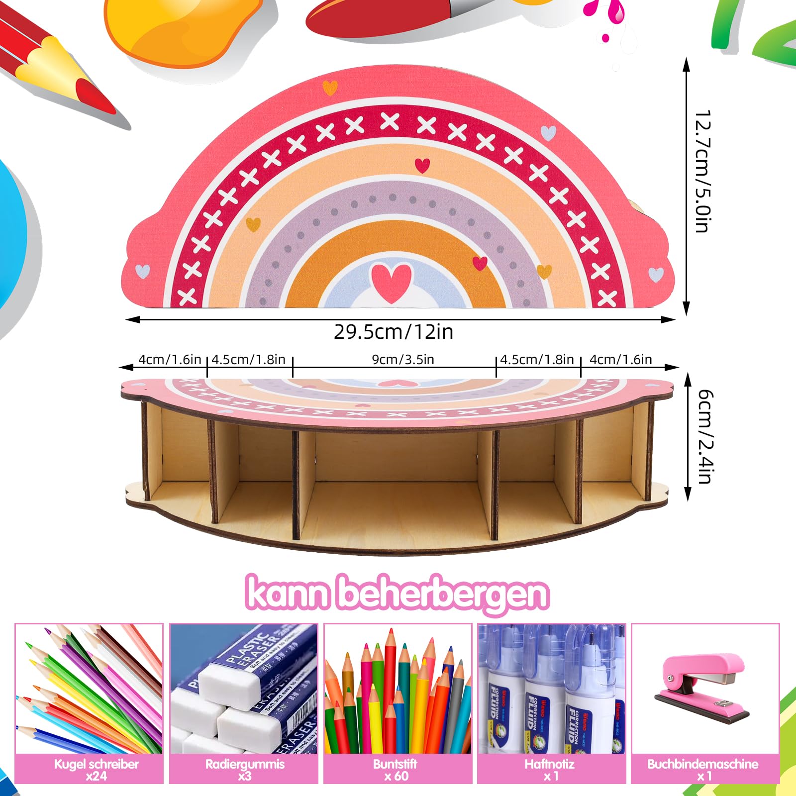 GZYYANG Regenbogen Stiftehalter Aus Holz - 29,8x12,7cm, 5 Fächer, Kein Montage Nötig