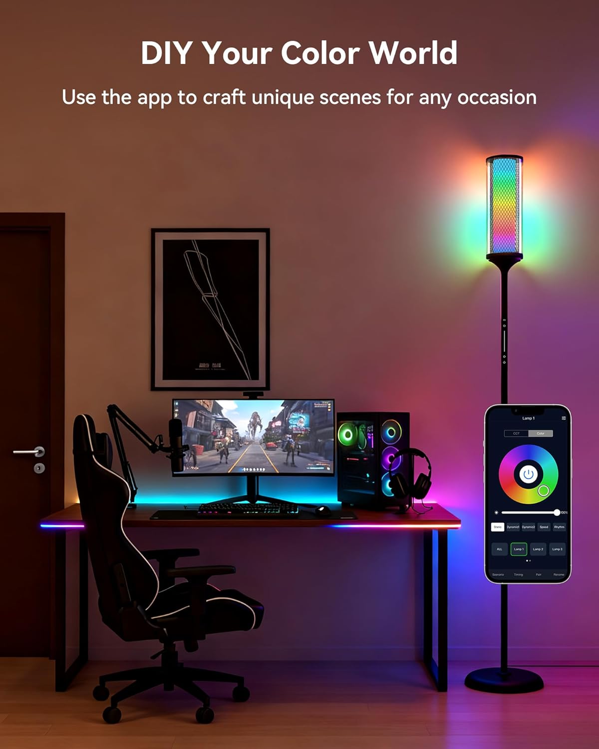 JOOFO Glass Shade RGBICW Corner Floor Lamp, 16 Million Colors Smart LED Ambient Mood Lighting with App & Remote Control for Modern Home Decor, Bedroom, Living Room, Gaming Room