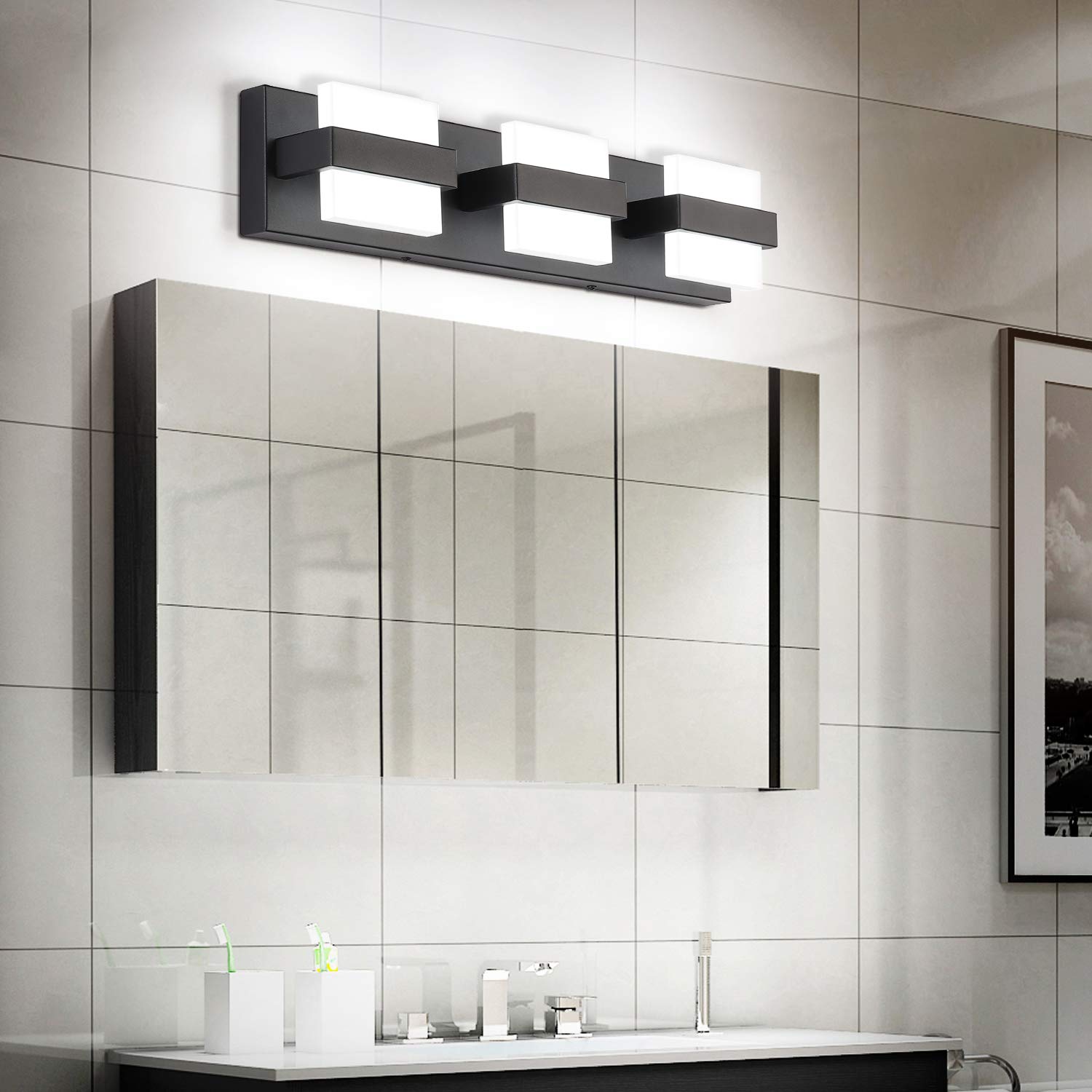 SOLFART Dimmable LED Bathroom Modern Vanity Lights Over Mirror 3 Lights Acrylic Black Bath Wall Lighting