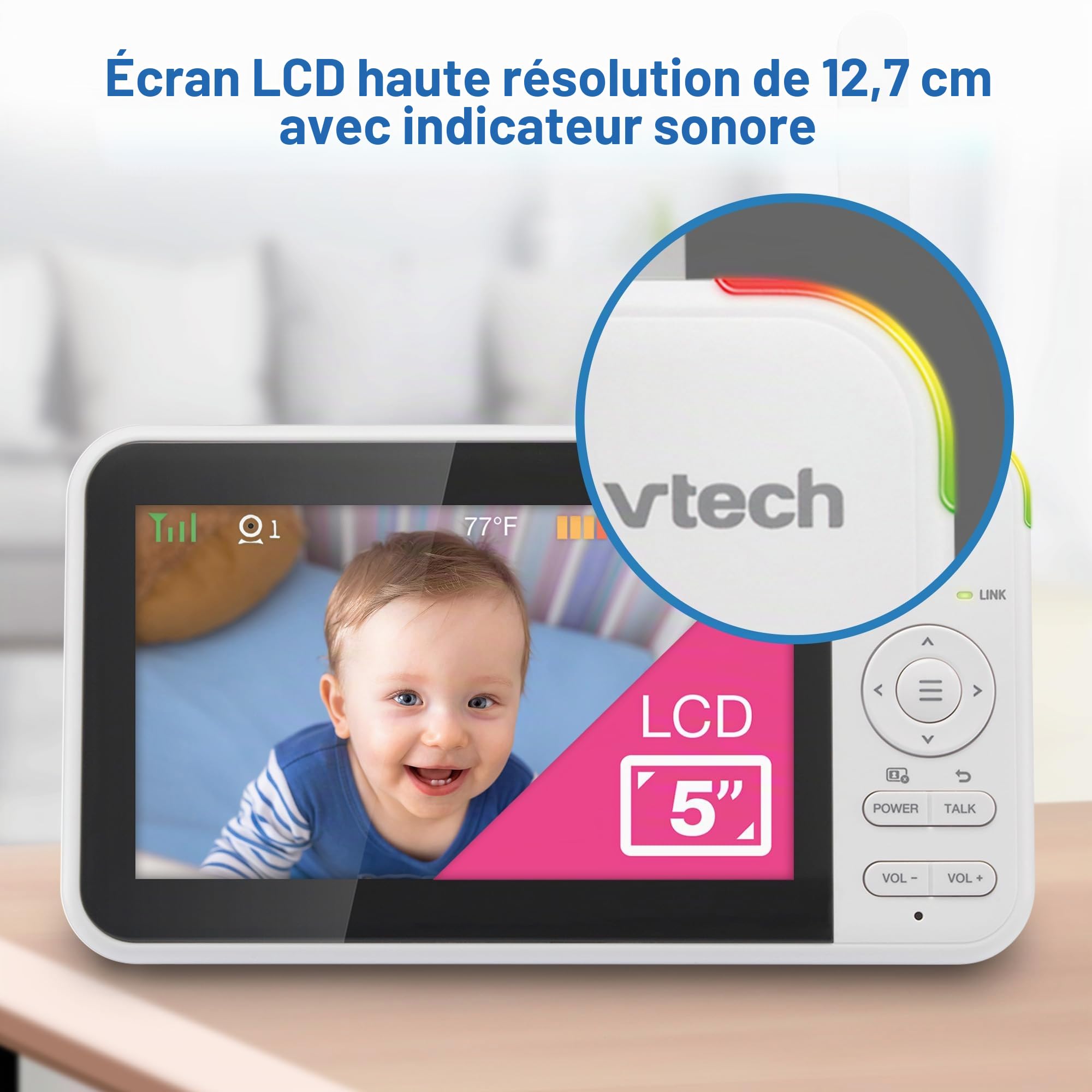 VTech VM924-2 Moniteur vidéo avec télécommande Pan-Tilt-Zoom 2 Cam, écran LCD de 12,7 cm, jusqu'à 17 heures de transmission vidéo, vision nocturne, portée jusqu'à 300 m, sons apaisants