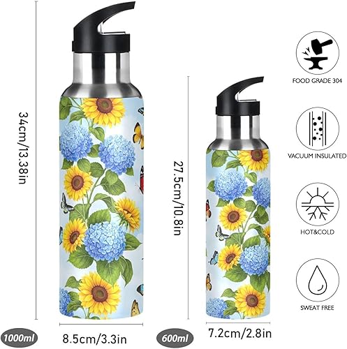 Miniatura 2 de Yellow Sunflowers Stainless Steel Water Bottle 32 Oz Leakproof Water Bottles, BPA-Free Sports Water Bottle with Straw