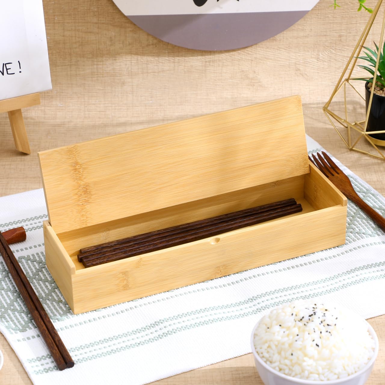 Cabilock Wooden Cutlery Box with Lid, Kitchen Chopsticks Box Utensils Drawer Organizer Bamboo Storage Case Countertop Silverware Container for Tableware