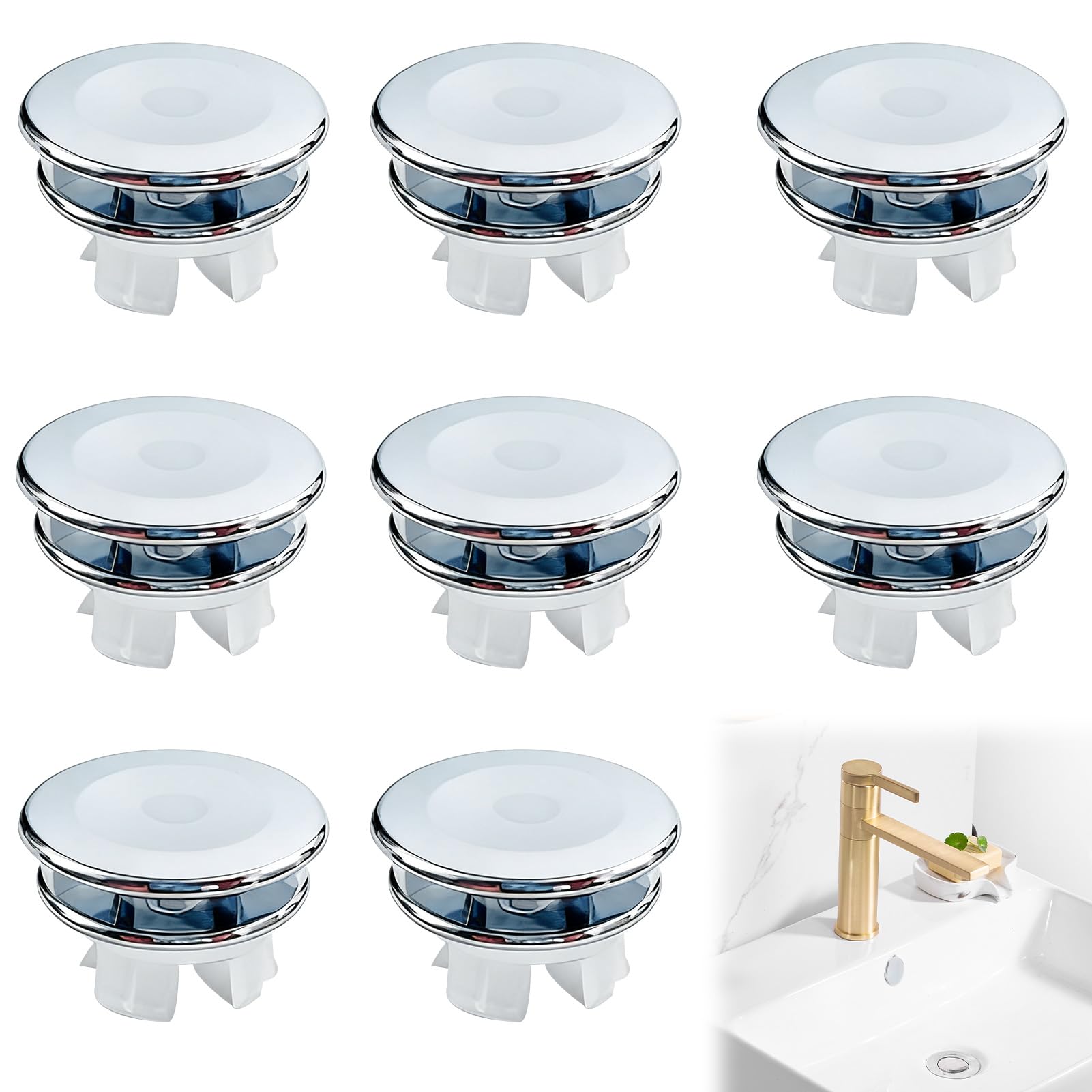Verazquy 8Pcs Sink Overflow Cover and Ring Set, Round Basin Trim Drain Cap Insert for Bathroom Kitchen Sink Hole, Multi-Pack.