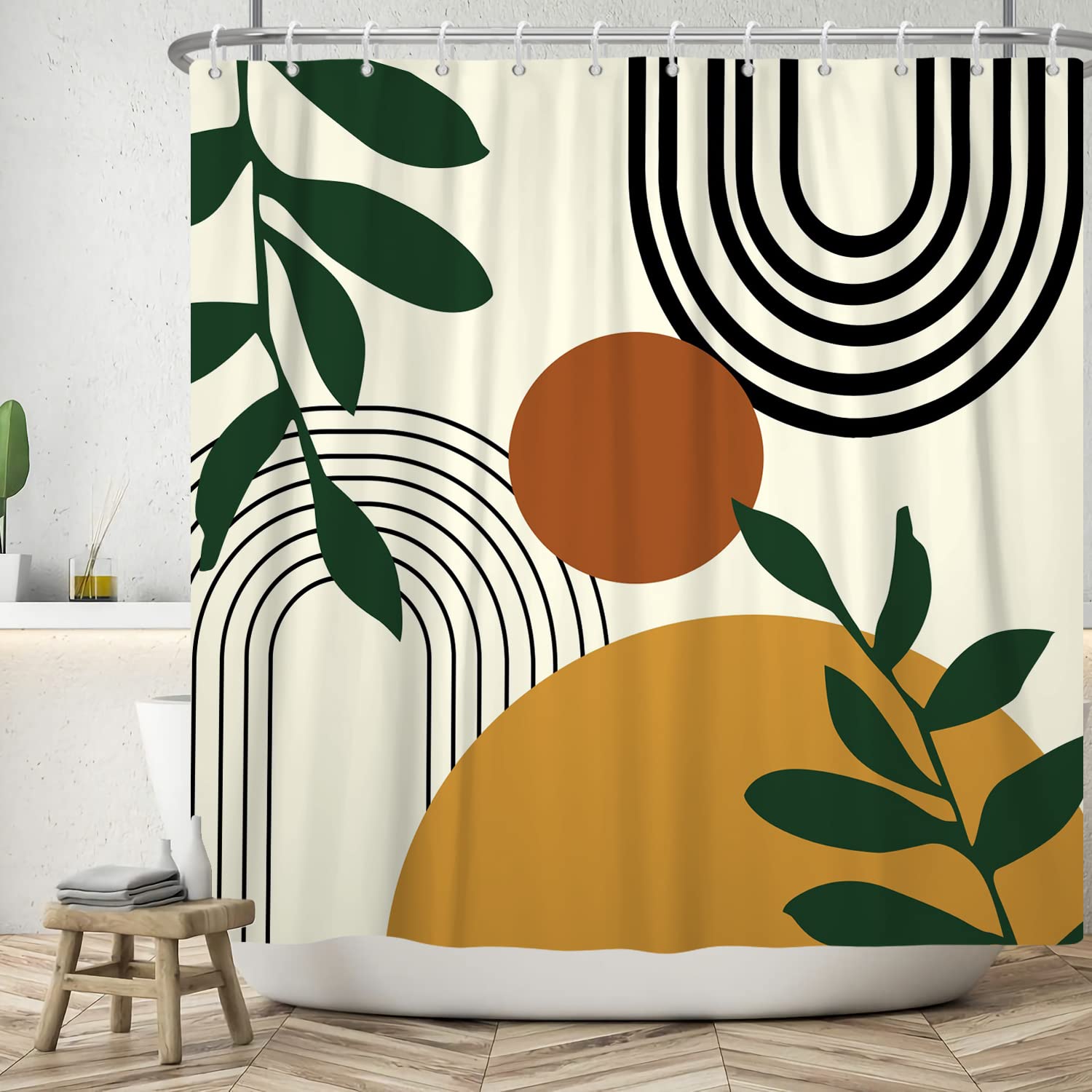 Ttincceer 183x183cm Mid-Century Shower Curtain Abstract Tropical Plant Palm Leaf Rainbow Bathroom Curtain Watercolor Sun Green Leaf Shower Curtains Waterproof Bathtub Curtain — image 1