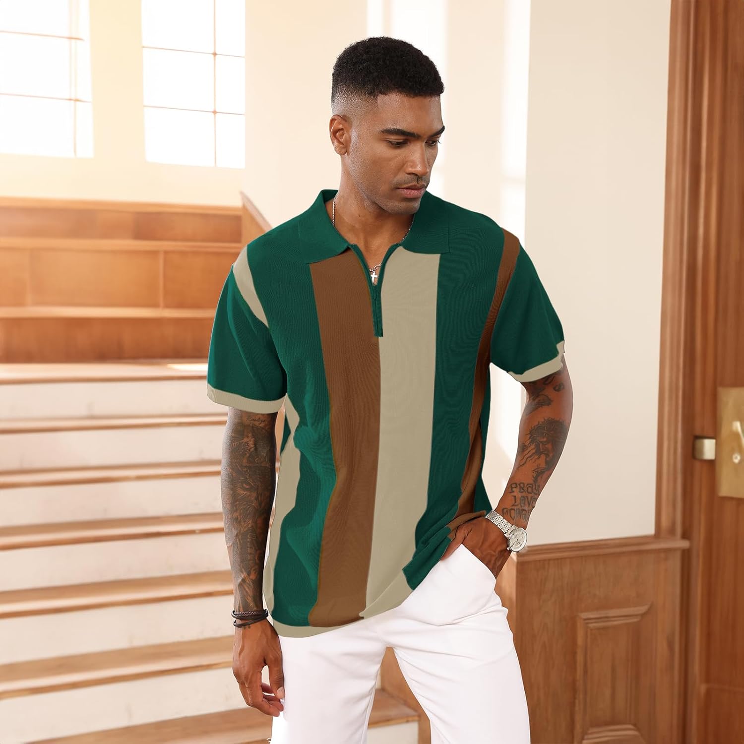 Men's Fashion Polo Shirts Vintage Striped Knitting Shirts Casual Slim Fit Golf Shirts - Image 2