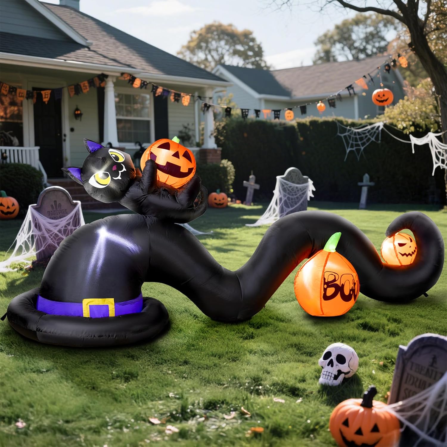 Dawdix 9FT Halloween Inflatable Witch Hat with Black Cat and Pumpkins, Large Blow Up Decoration for Yard with 5 Built-in Lights, Halloween Outdoor Inflatables for Party Garden Patio Lawn Decor