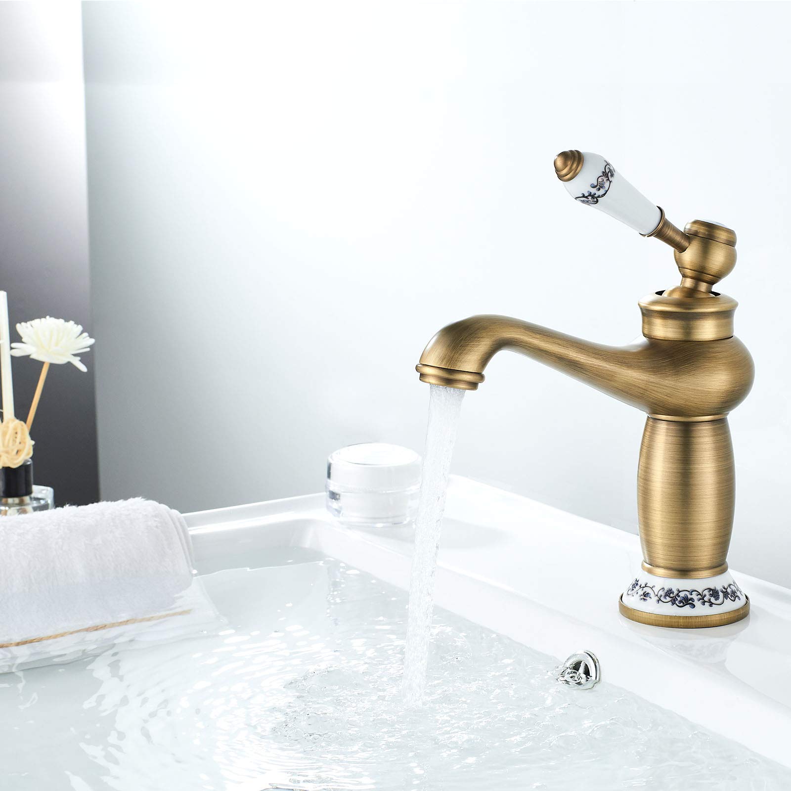 Namuoto Robinet de salle de bains Vintage Monocommande en Céramique Florale Pour Évier Robinet Salle De Bains Lavabo pour Bidet, Laiton Antique
