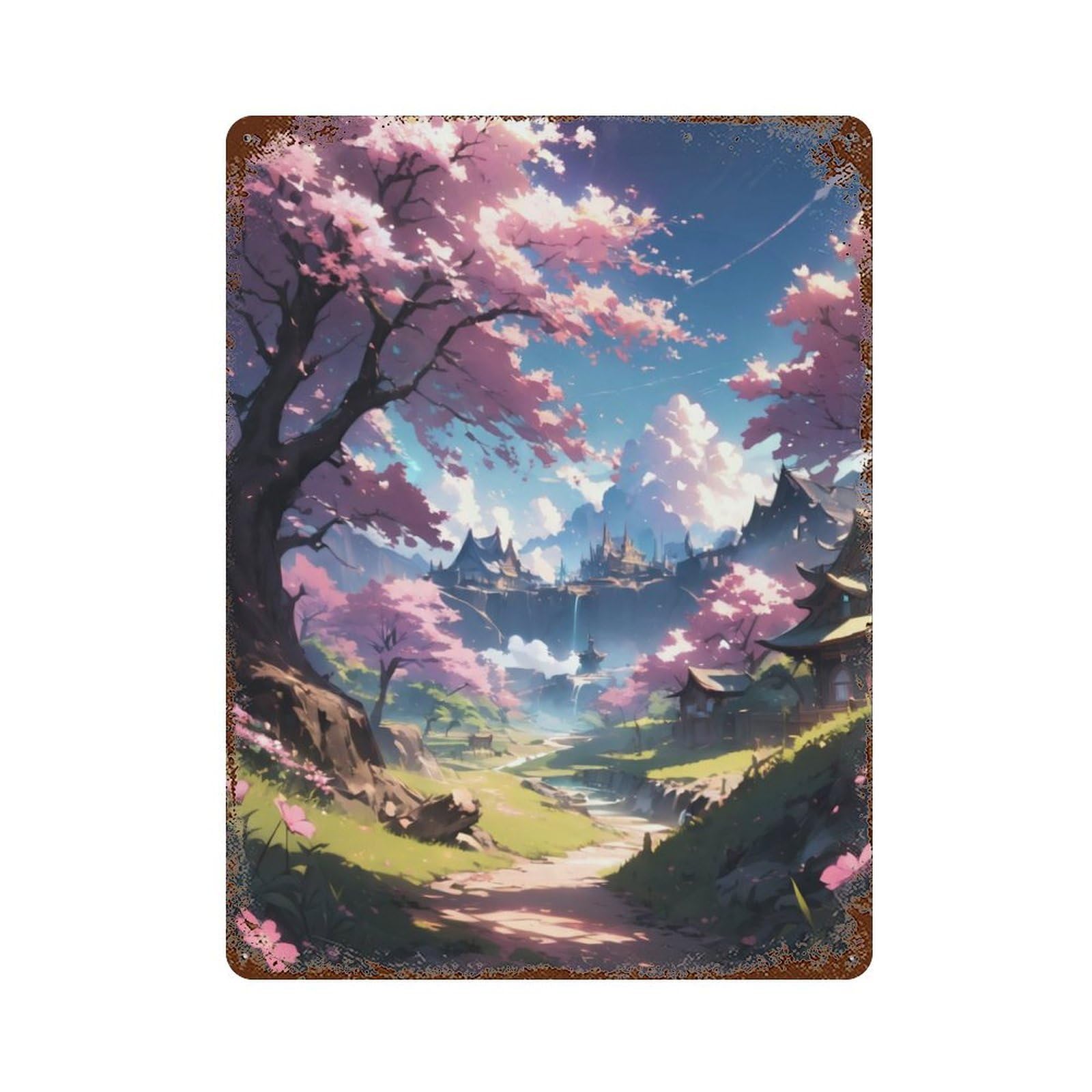 Aged Metal Wall Plaque with Sakura Harmony Design 15.7"x11.8", for Basement, Hobby Room And Garage Decor, Farmhouse Wall Decor