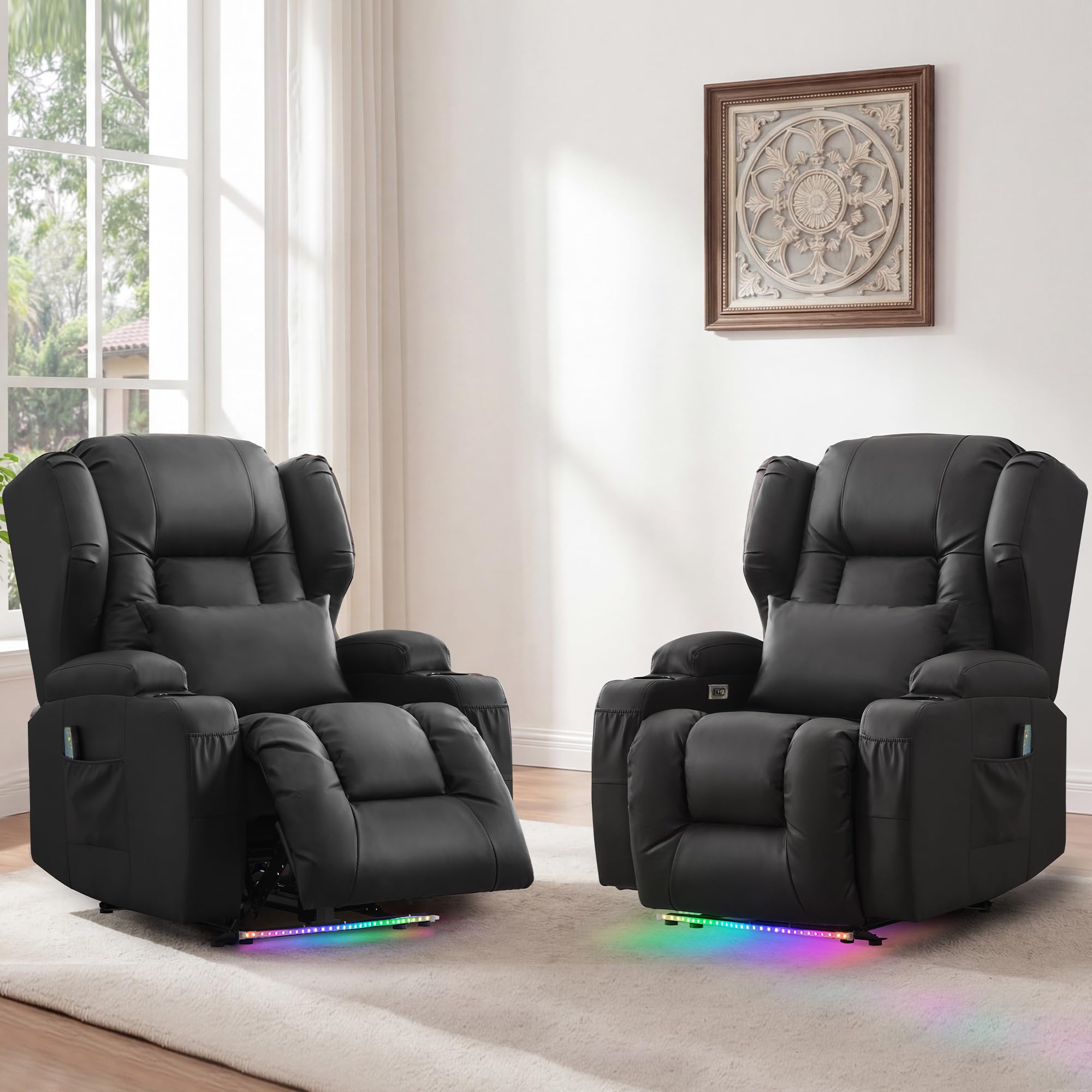 BINGTOO Power Recliner Chair with Massage &amp; Heat, Electric RV Wall Hugger PU Leather Chair for Living Room, Home Theater with LED Lights, USB-C Ports &amp; Cup Holders, Black, 2 Chairs