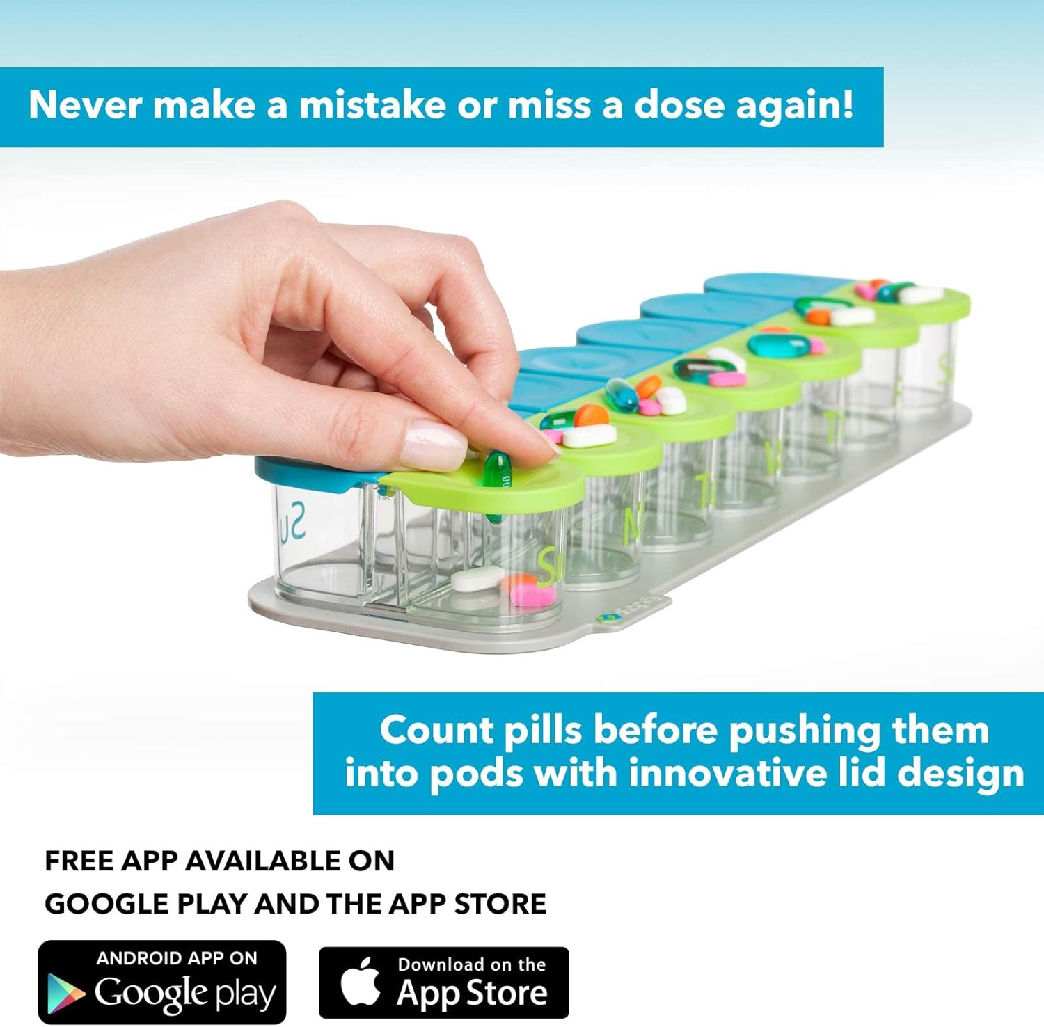 Sagely Smart XL Weekly Pill Organizer AM/PM - Medicine Storage Organizer with Reminder Alarm App (Large Enough to Fit Fish Oil, Cod Liver Oil, Vitamin D Supplements & Vitamins) (Blue/Green)