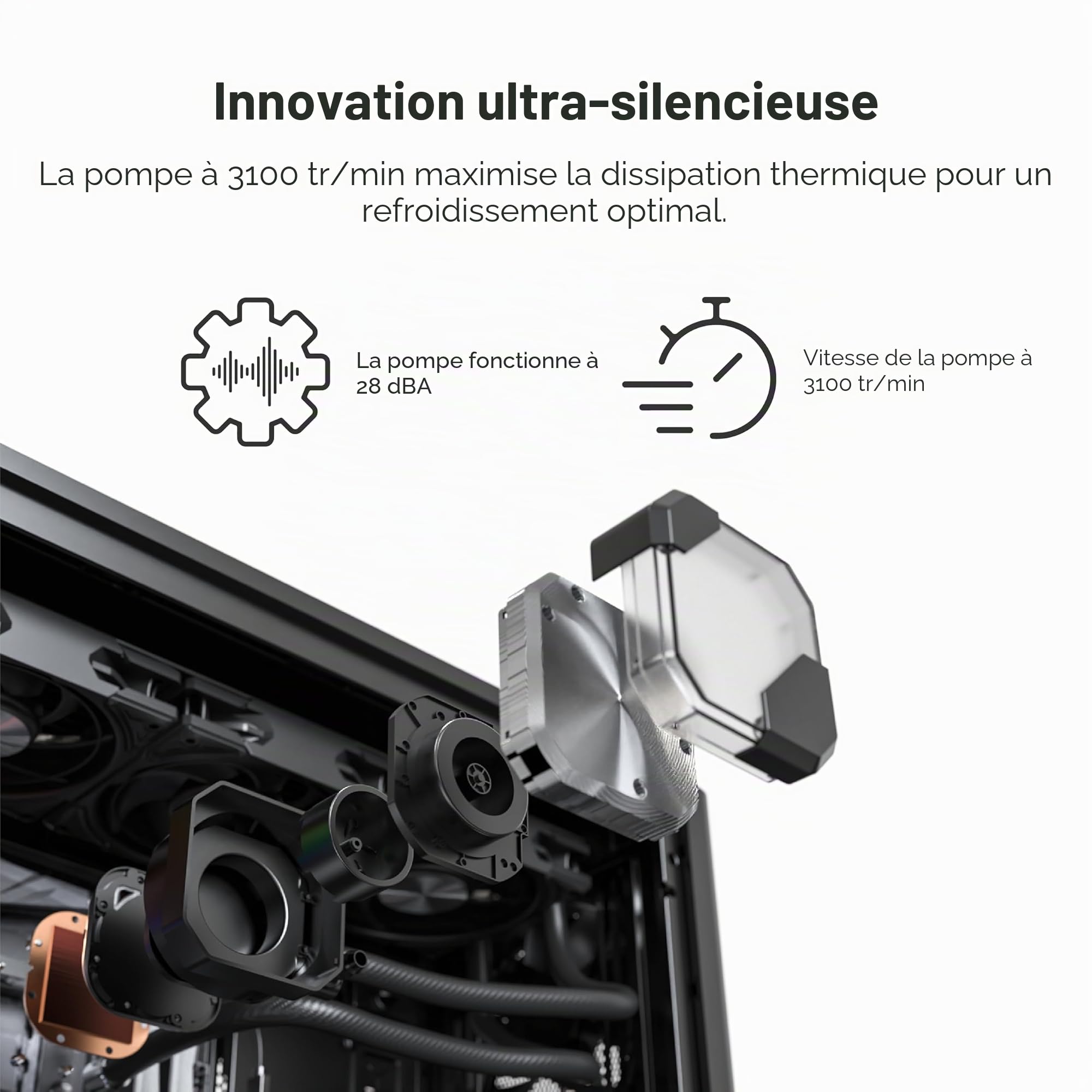 MONTECH HyperFlow Silent 360 Black – Refroidisseur de processeur liquide AIO ultra silencieux, pompe 3100 tr/min, triple ventilateurs silencieux, radiateur haute efficacité pour une dissipation