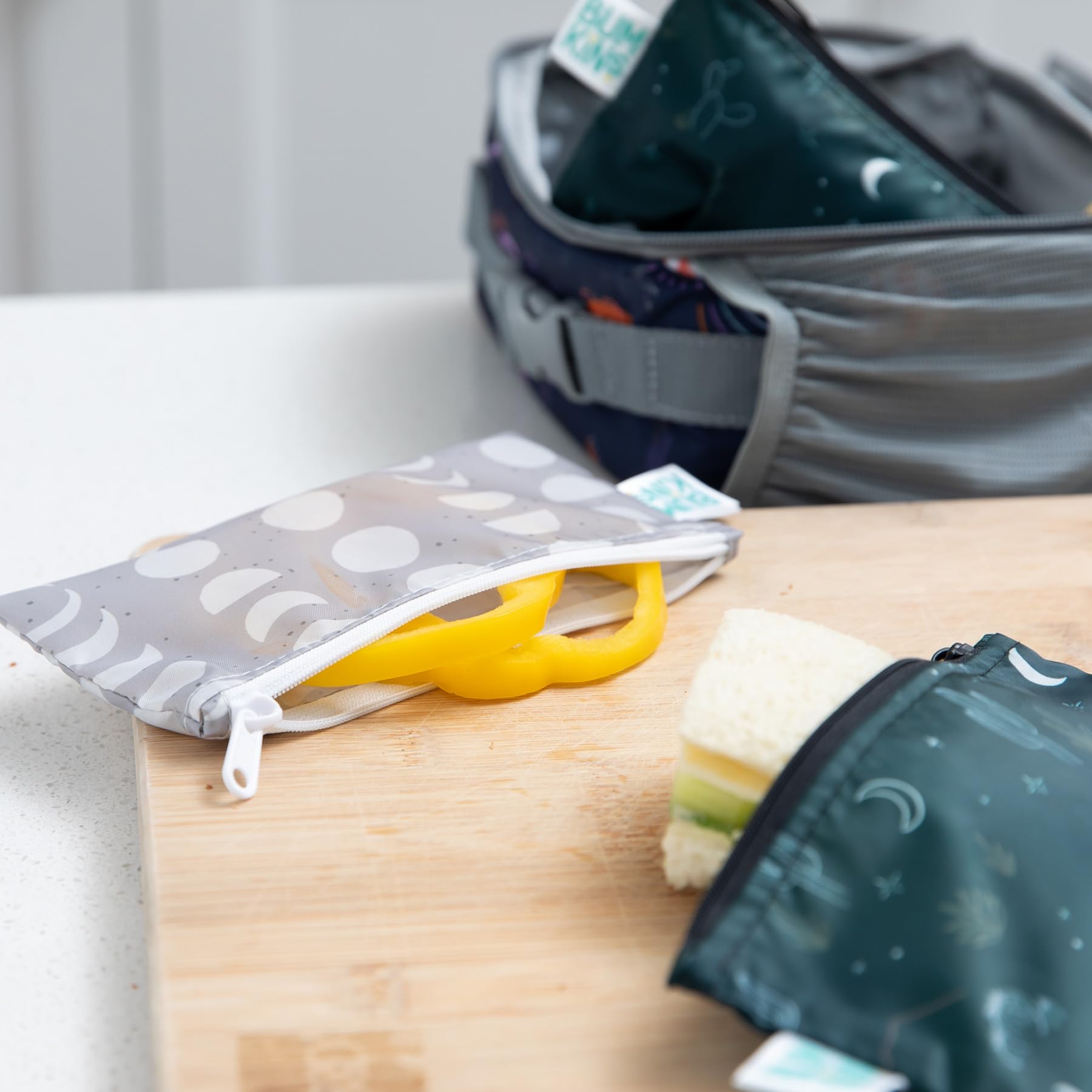 Bumkins Reusable Snack Bags, for Kids School Lunch and for Adults Portion, Washable Fabric, Waterproof Cloth Zip Bag, Supplies Travel Pouch, Food-Safe Storage, 2-pk Desert Night Dk. Green and Gray