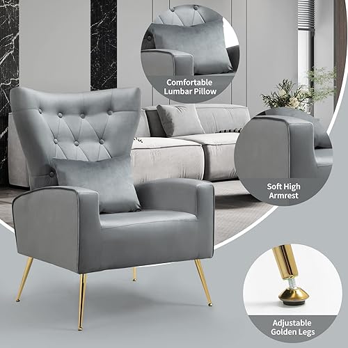 Miniatura 65 de Sillas modernas para sala de estar, sillón de terciopelo con almohada lumbar, sillas de dormitorio con respaldo alto, silla de tocador, silla de