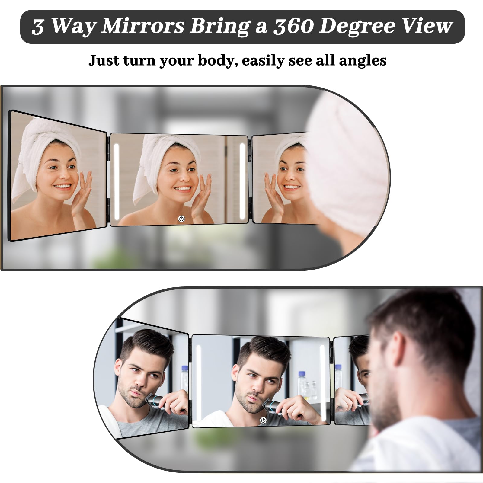 UCAMP Espejo de 360 Grados,Espejo de Tres Vías con LED y Ganchos Ajustables en Altura,Espejo de Afeitar,Espejo Tríptico para Cortes de Cabello,Afeitado,Maquillaje y Peinados,Incluye Lupa 10X